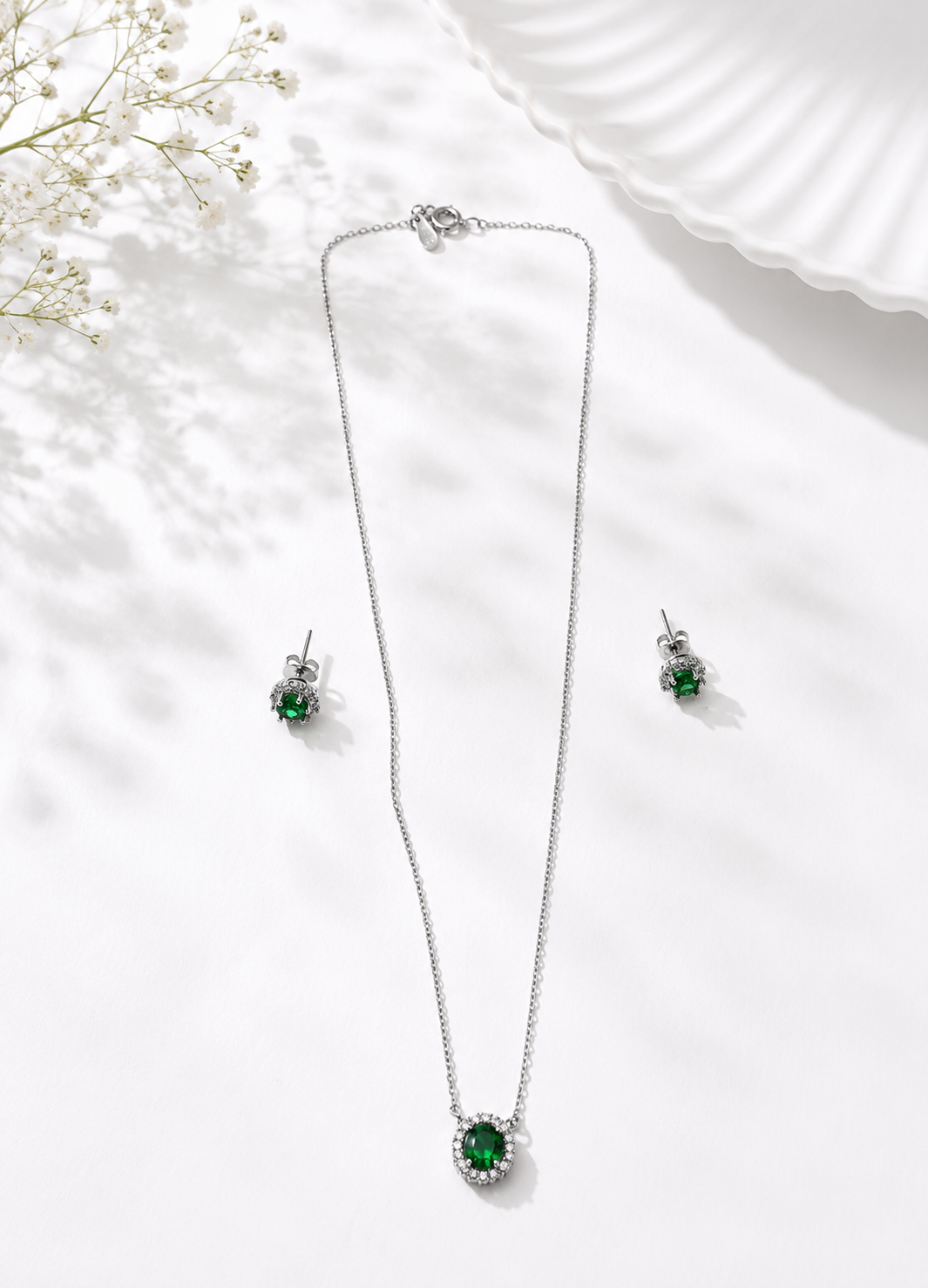 925 sterling silver necklace and stud earrings set with emerald halo cubic zirconia design