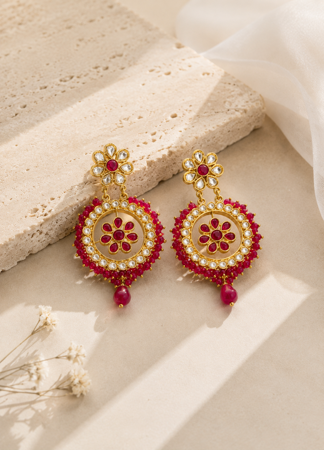 Premium pink floral Kundan Chandbali earrings displayed on a beige textured background with elegant styling.
