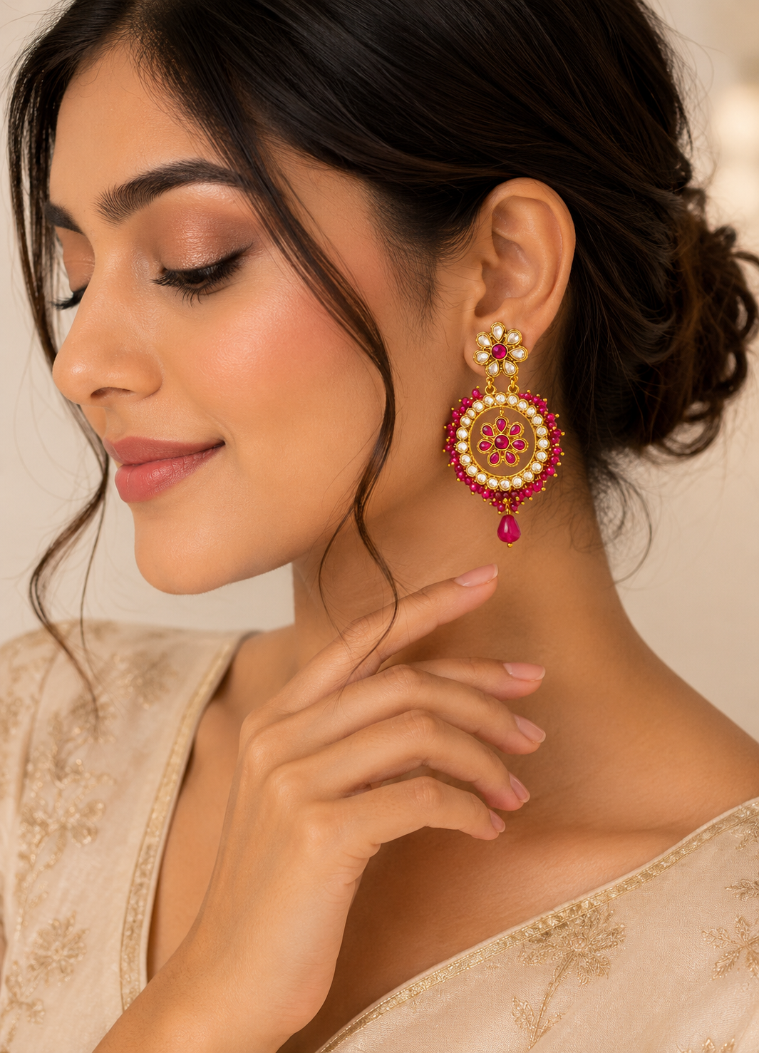 Woman wearing Aarohi pink floral Kundan Chandbali earrings with gold finish for wedding and festive occasions.