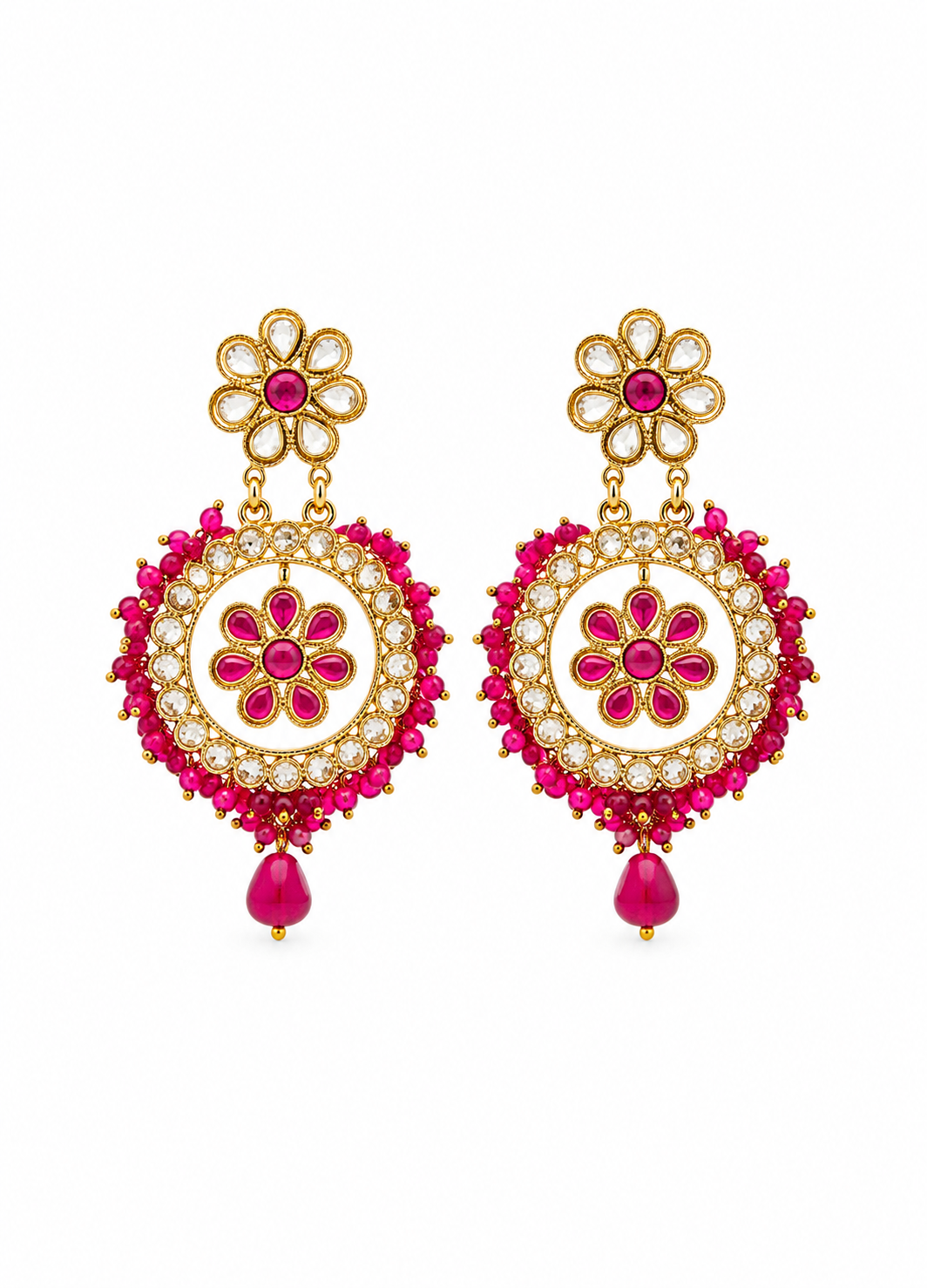 Front view of Aarohi pink floral Kundan Chandbali earrings on white background showing intricate traditional craftsmanship.