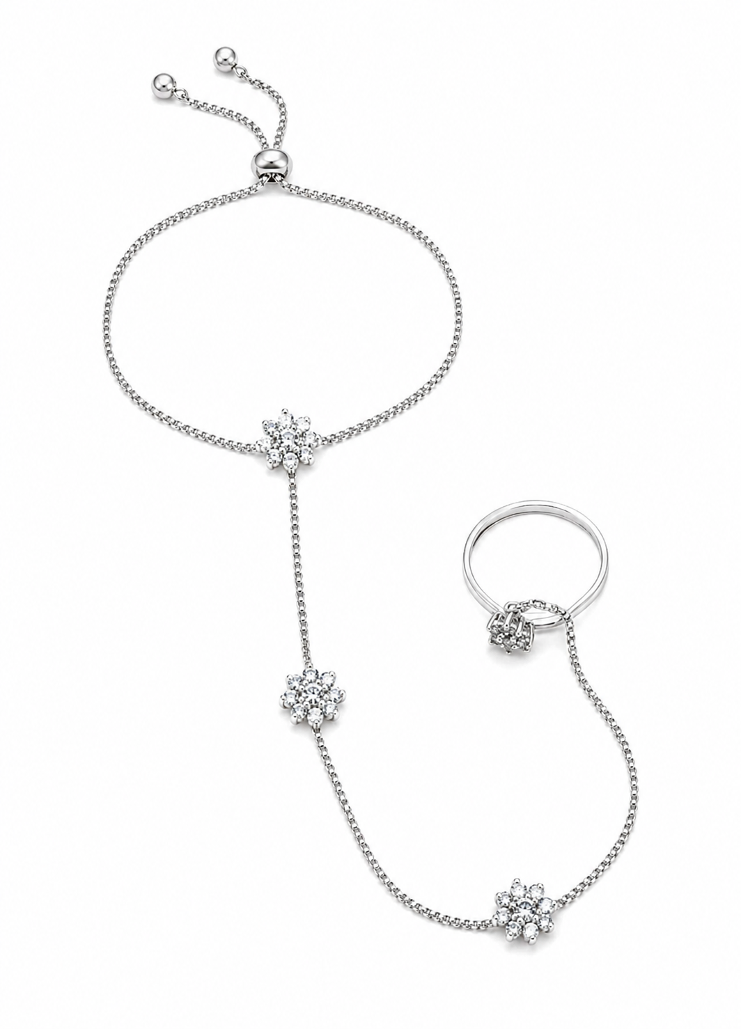 Close-up view of adjustable silver floral crystal hand harness bracelet ring for women.