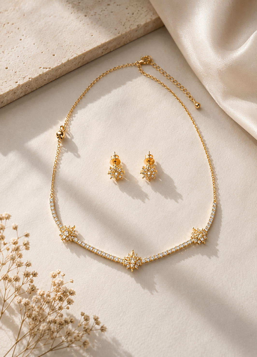Elegant gold-tone necklace and earrings set featuring sparkling crystal star motifs.