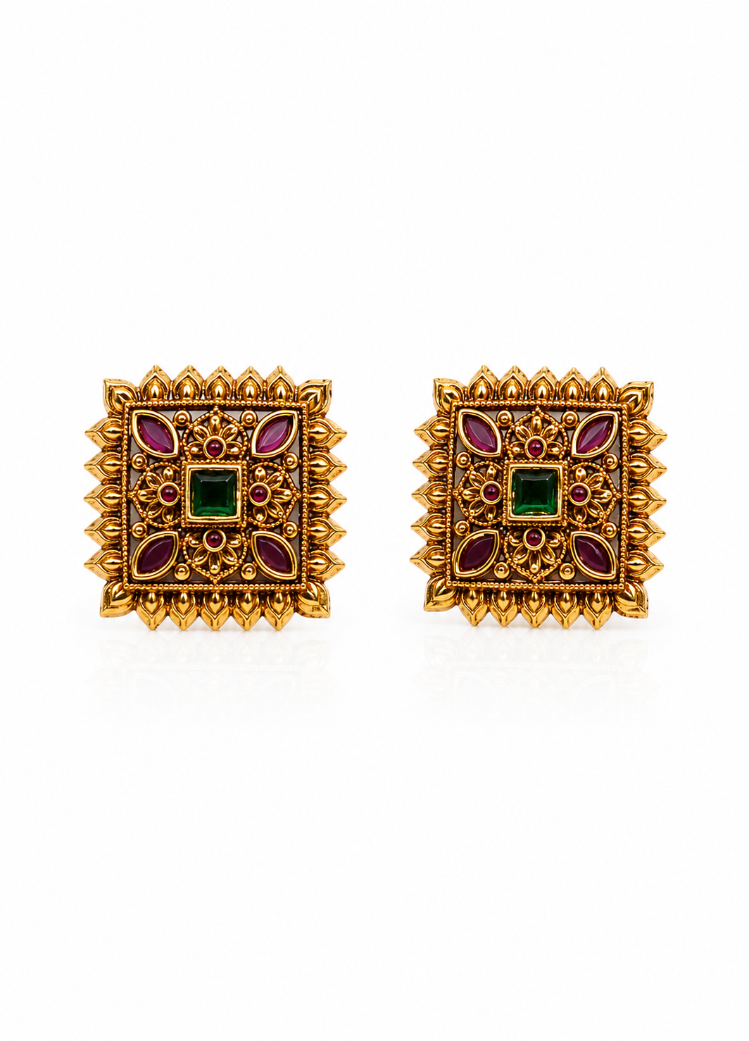 Elegant square designer temple stud earrings in antique gold finish for festive and wedding wear.
