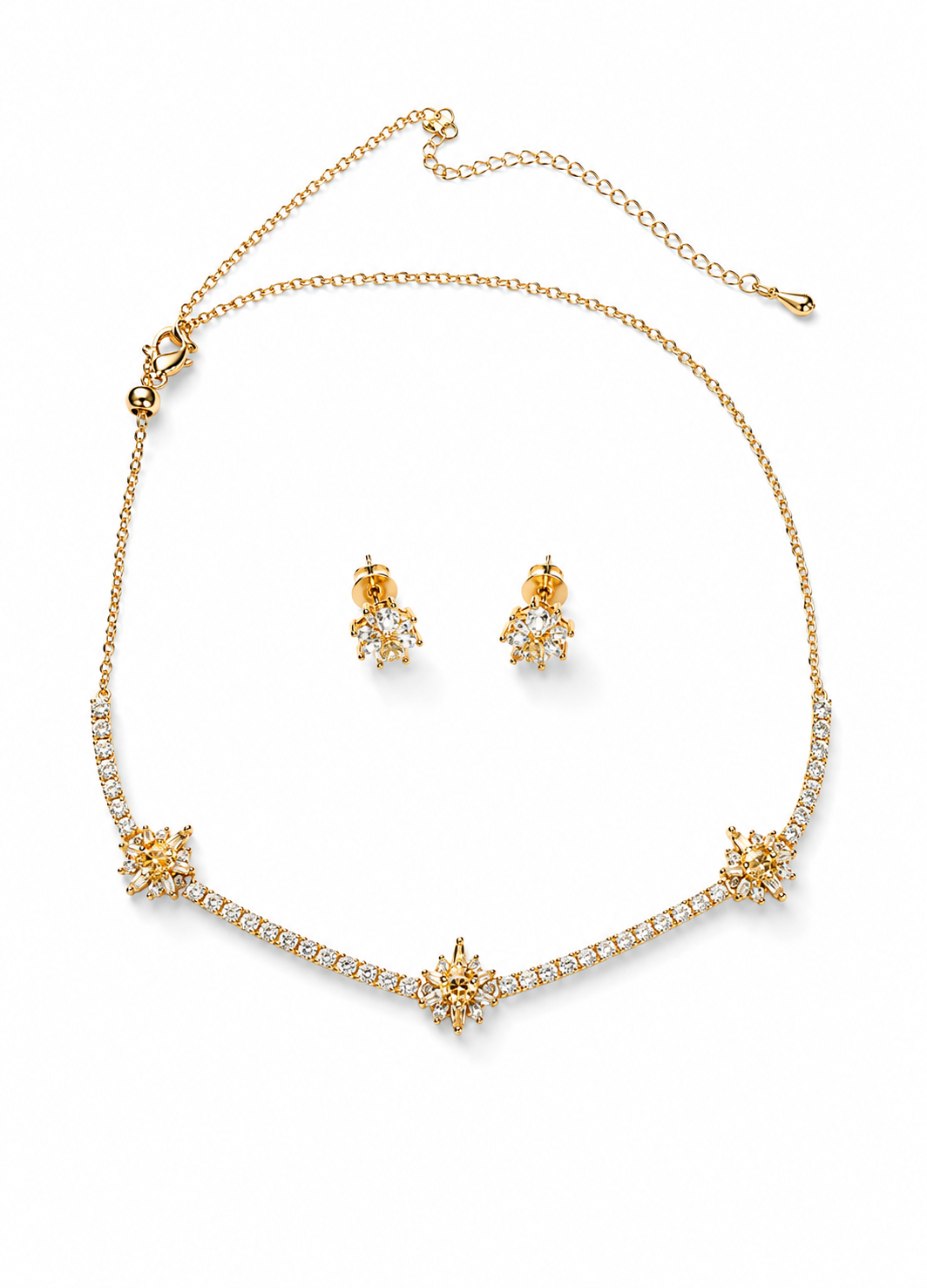Women's crystal necklace and stud earrings set with brilliant gold-tone finish and sparkling stones.