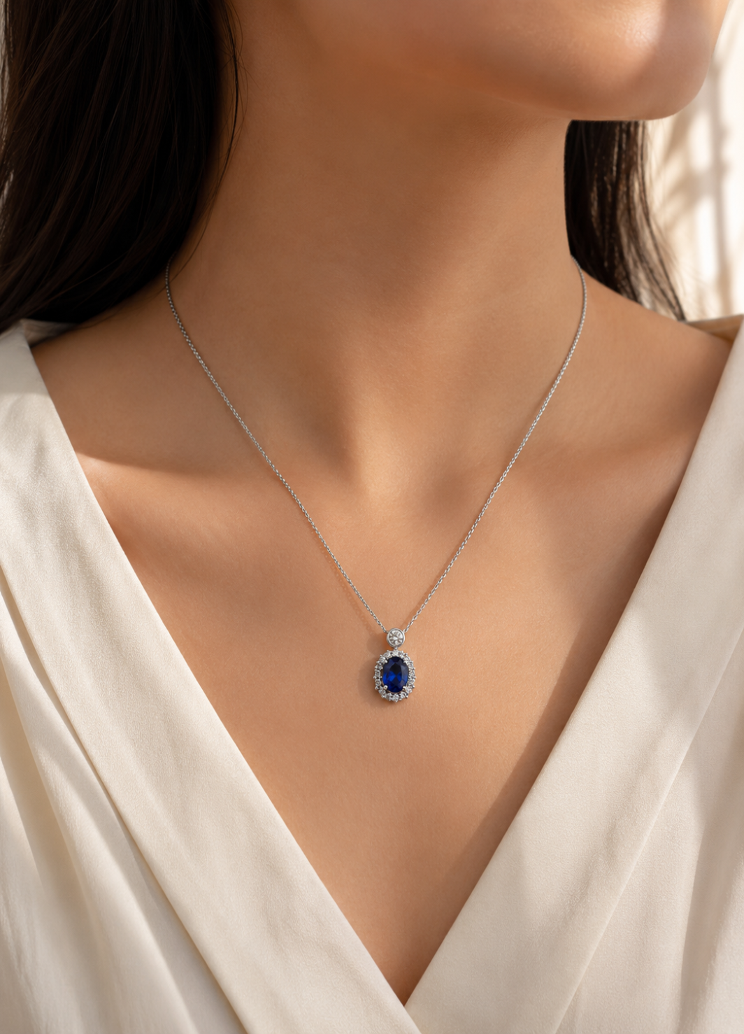 Orelva 925 sterling silver blue sapphire halo pendant necklace with cubic zirconia
