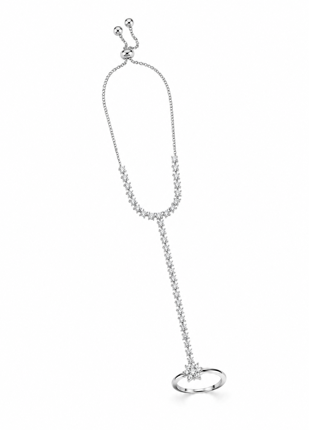 Orelva silver floral crystal hand harness bracelet ring isolated on a white background for online shopping.