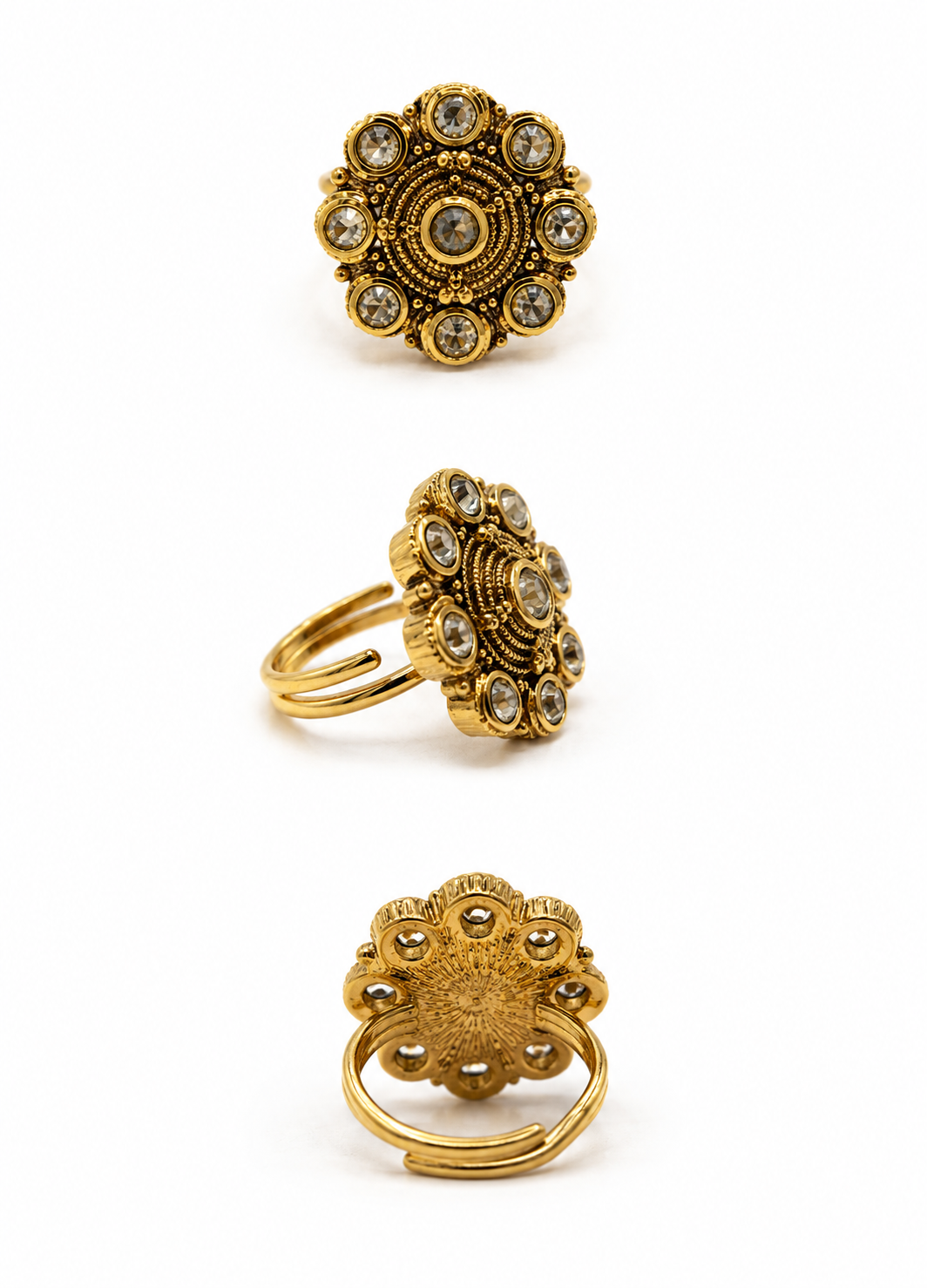 Front, side and back view of ORELVA Advika antique floral adjustable gold-plated ring with Kundan-style crystal detailing.