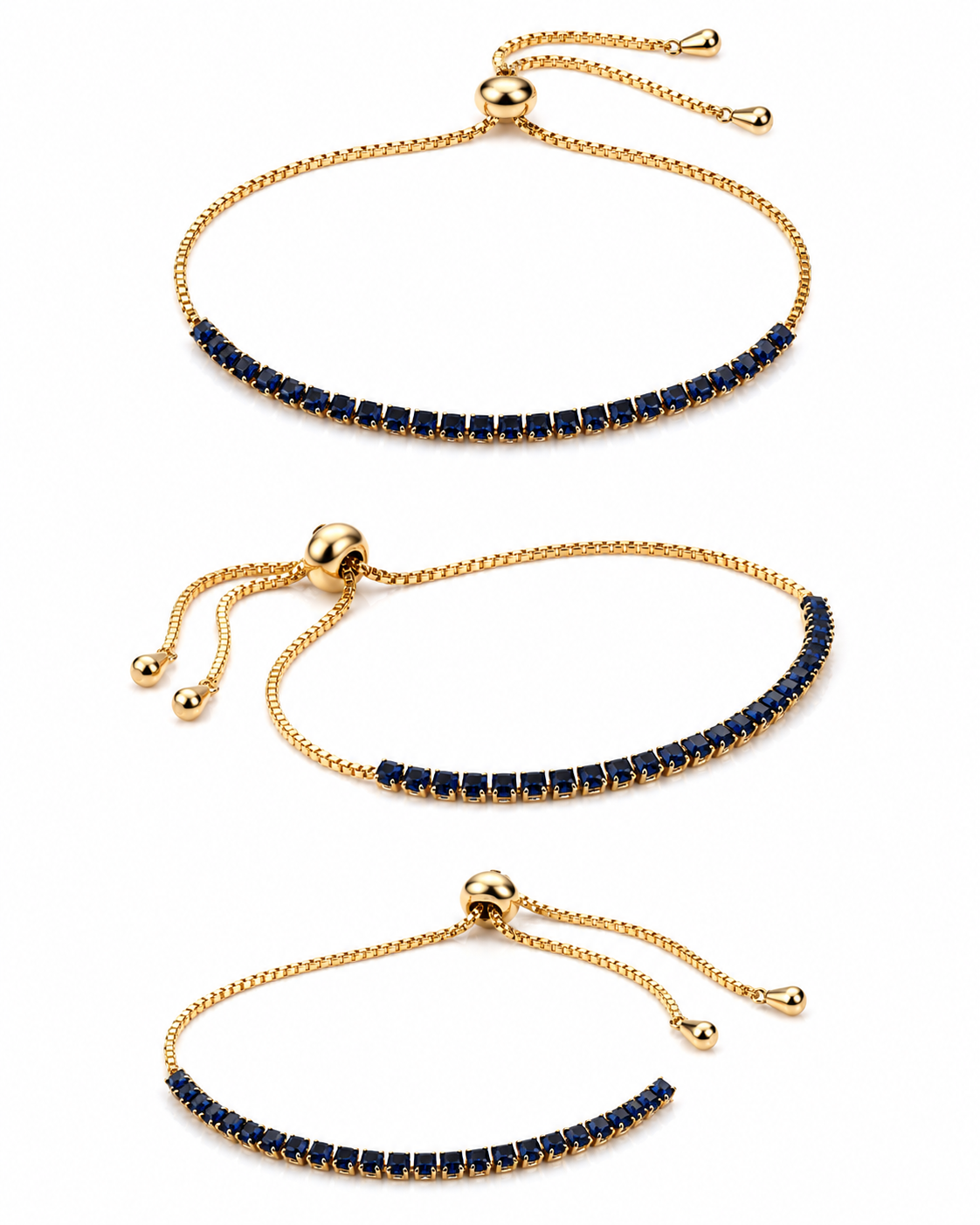 Close-up of ORELVA Azure Line adjustable blue crystal bracelet with sliding clasp.