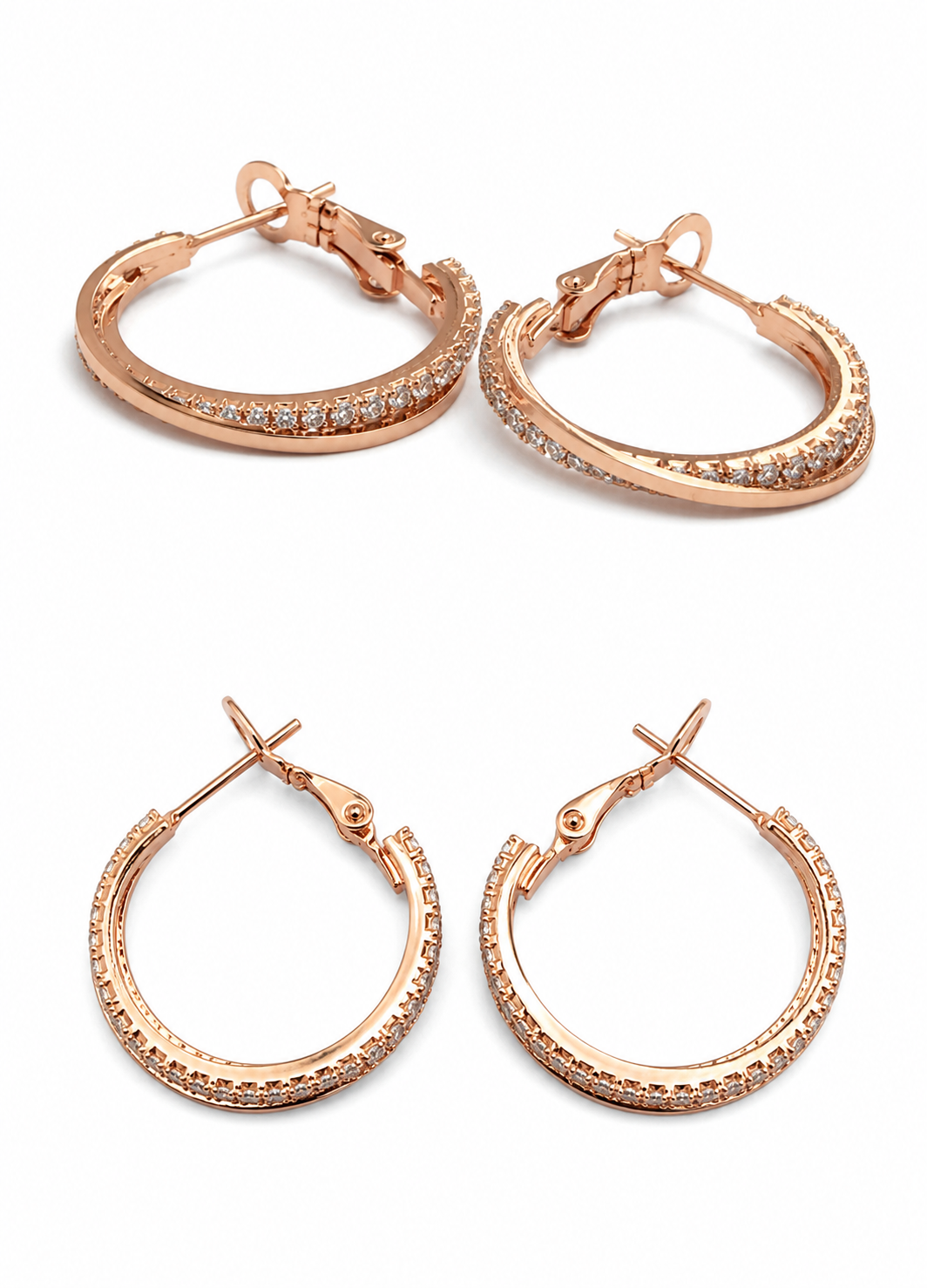Close-up of ORELVA Celeste rose gold plated crystal hoop earrings featuring sparkling pavé stones and a modern hoop design.