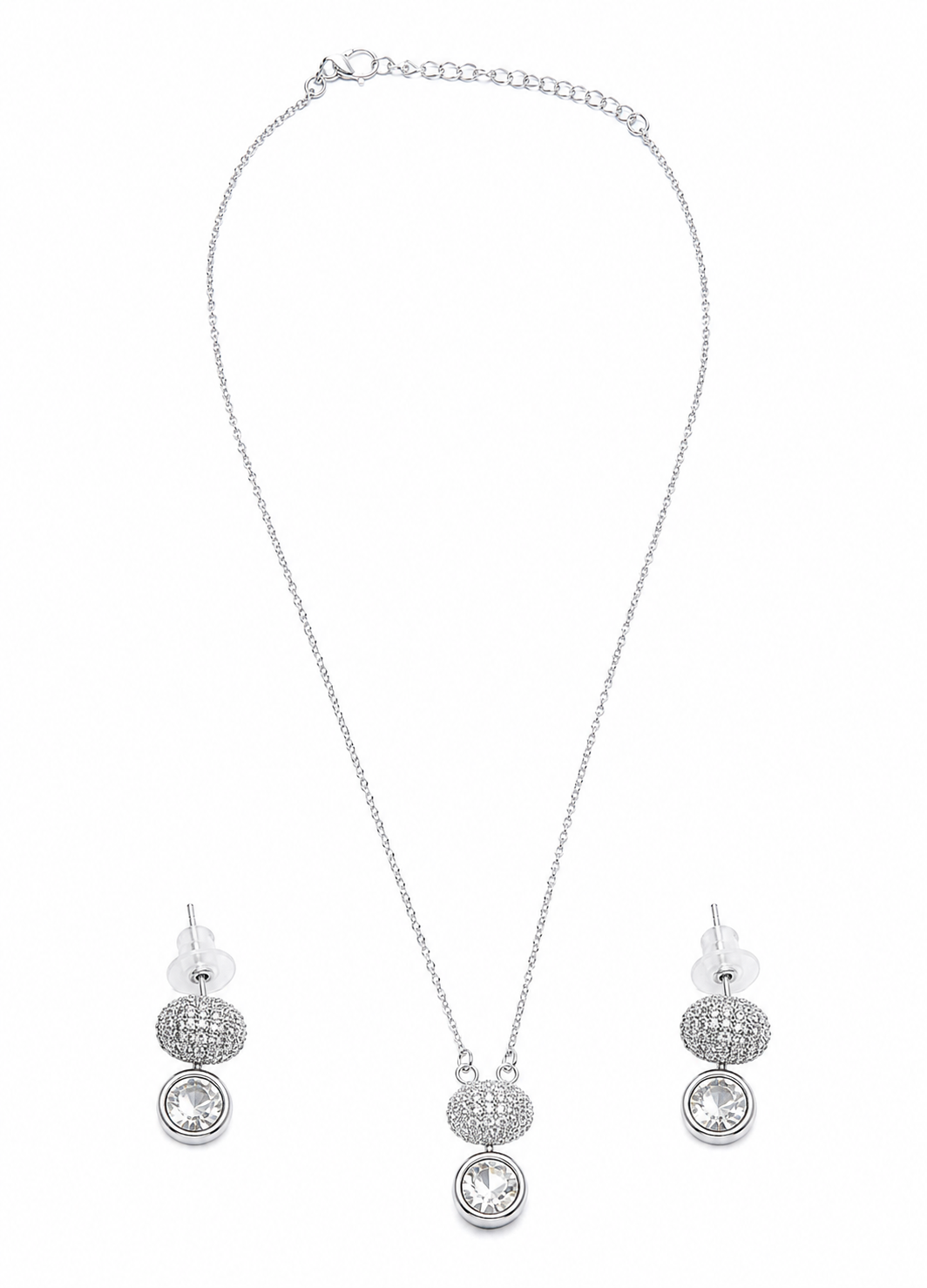 Silver tone crystal jewelry set featuring a pendant necklace and matching earrings for everyday wear