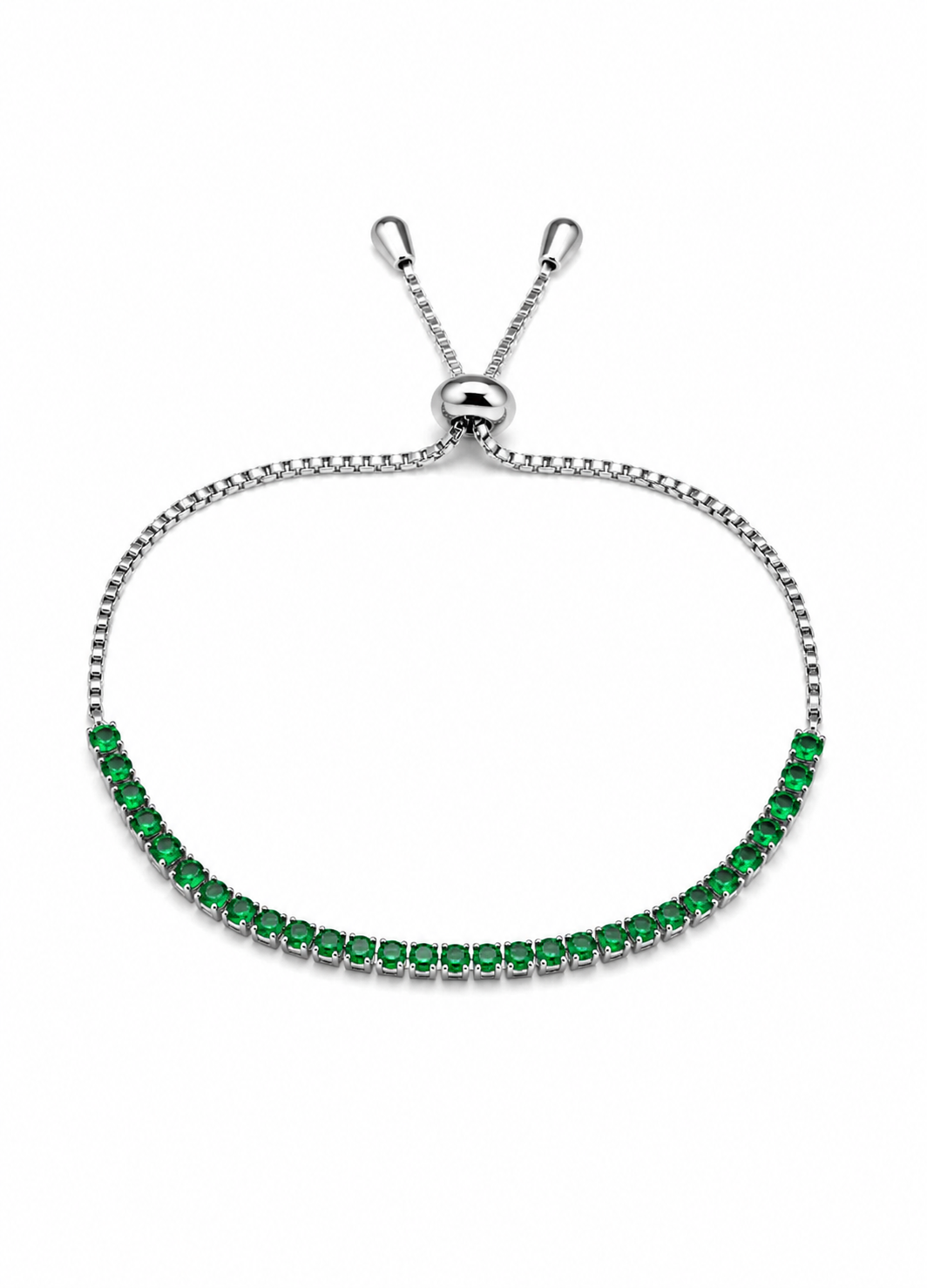 Close-up of ORELVA Emerald Glow adjustable tennis bracelet with sparkling green crystals and sliding clasp.