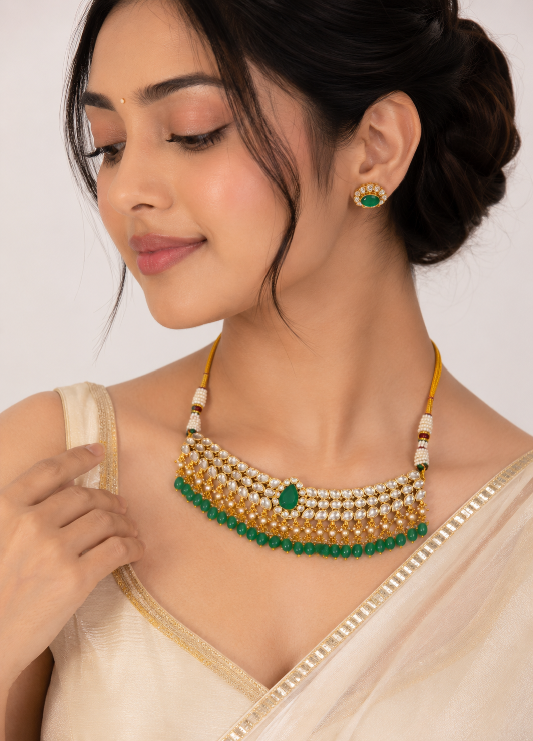Orelva Emerald Green Kundan Choker Necklace Set with Matching Earrings