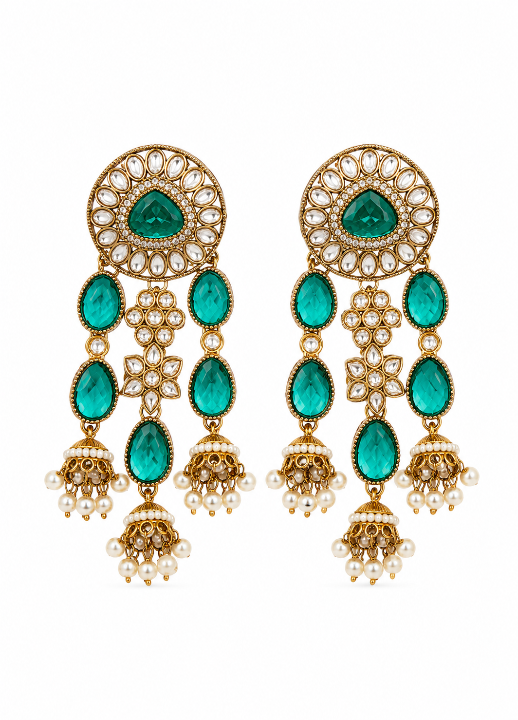 Front view of ORELVA Emerald Kundan Jhumki Earrings with green stones, kundan detailing and pearl jhumkis.