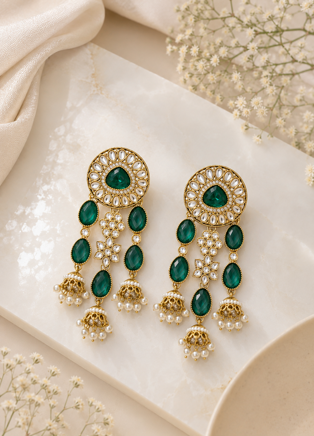 Gold-plated Emerald Kundan Jhumki Earrings with pearl drops displayed on a premium marble surface.