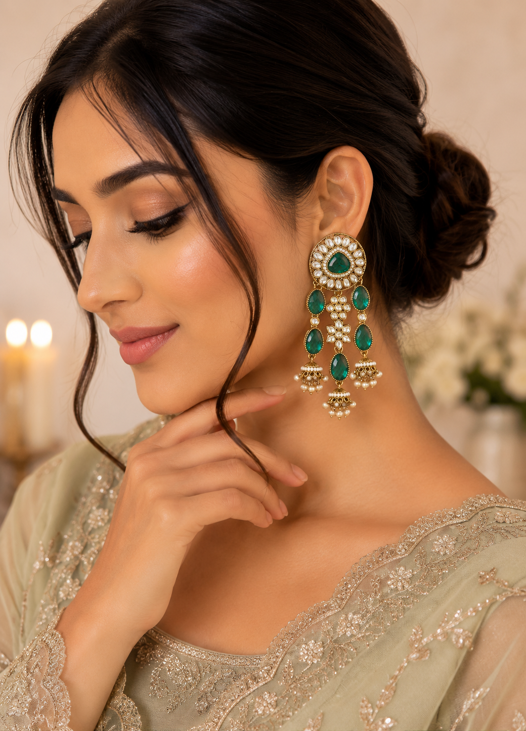 ORELVA Emerald Kundan Jhumki Earrings worn by a model featuring green stones and pearl drops.