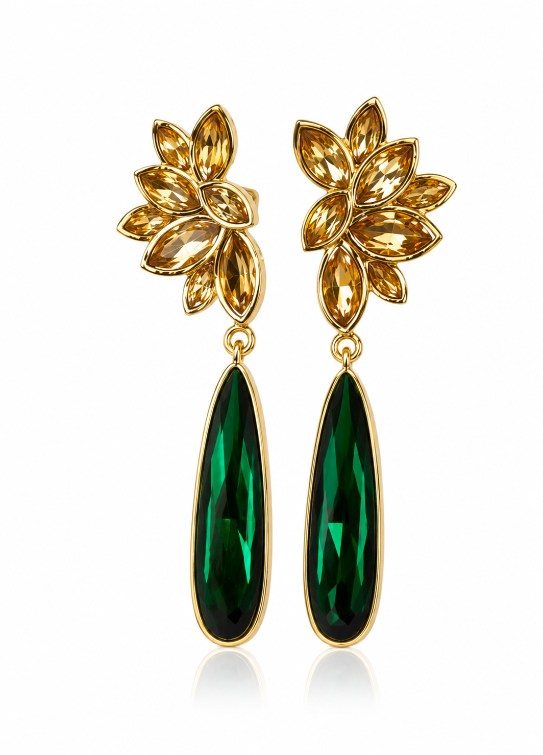 Front view of ORELVA Emerald Muse emerald green drop earrings on white background.