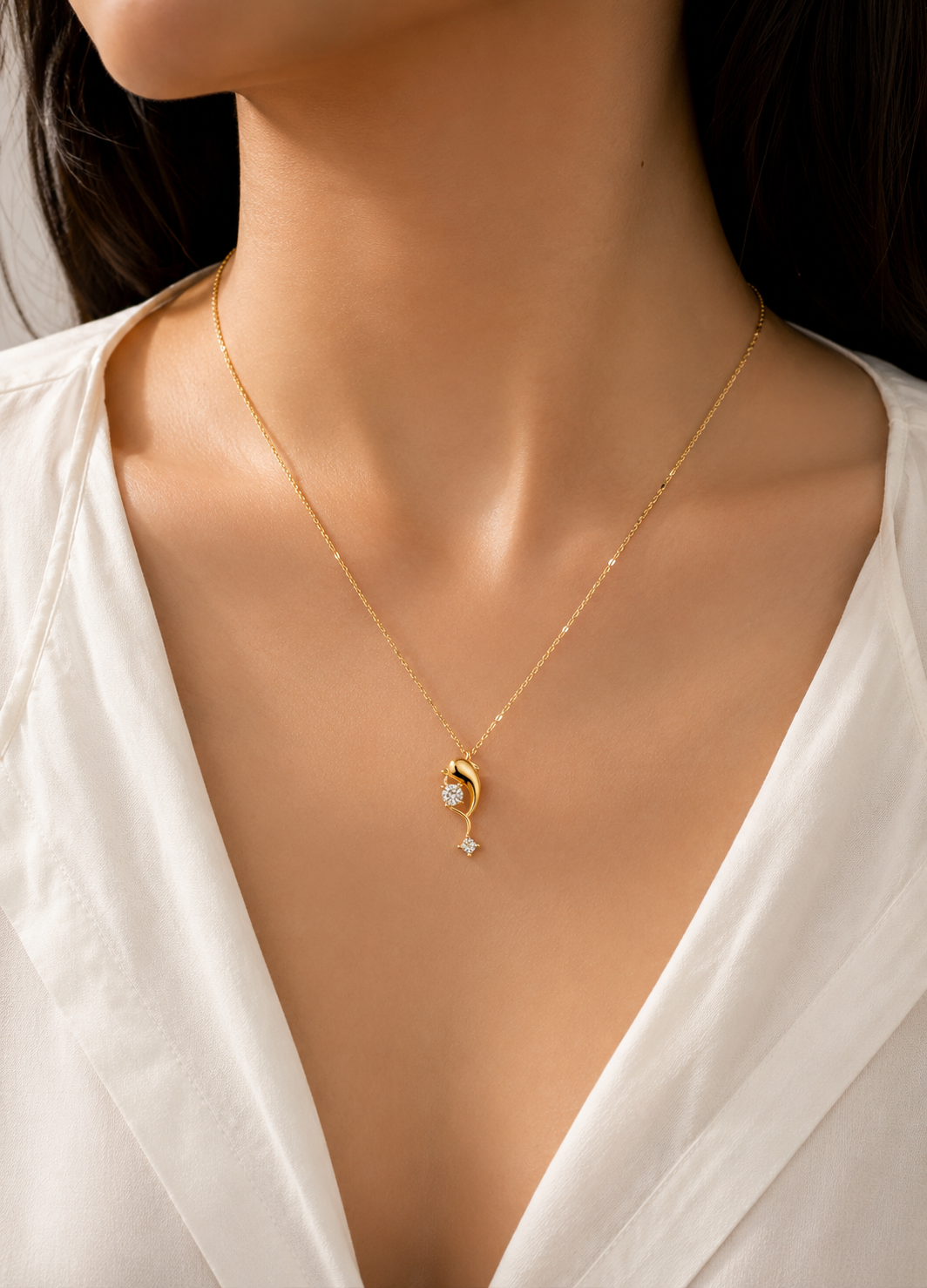 Orelva gold-tone floral drop pendant necklace with crystal accents worn by a woman on a white outfit.