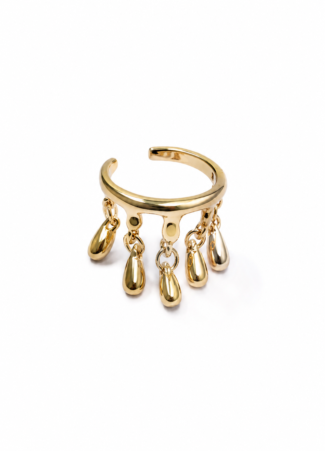 Front view of ORELVA gold tone adjustable ear cuff featuring dangling teardrop charms.