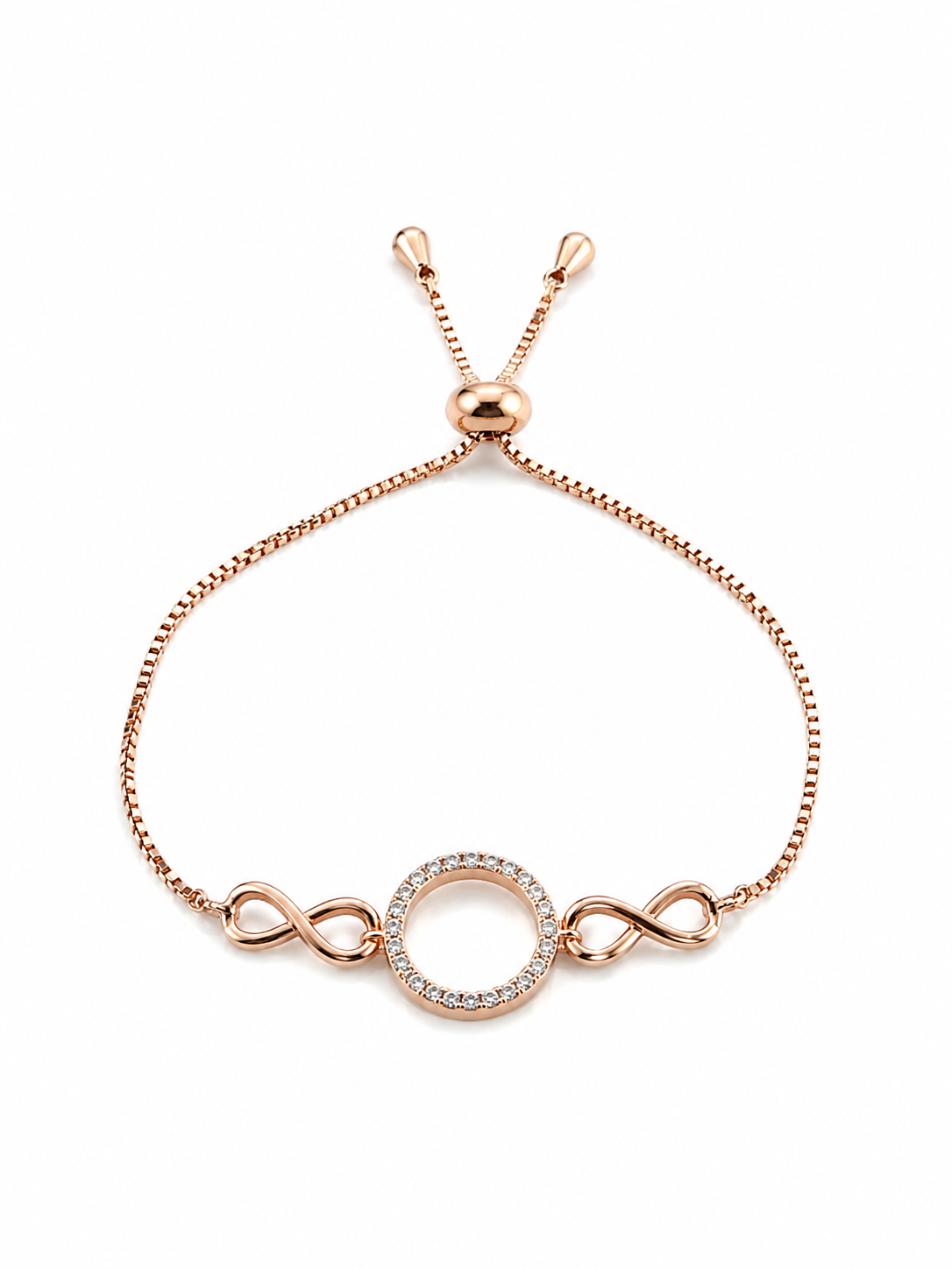 Front view of ORELVA Infinity Halo Rose Gold Adjustable Bracelet with crystal halo circle and infinity links.