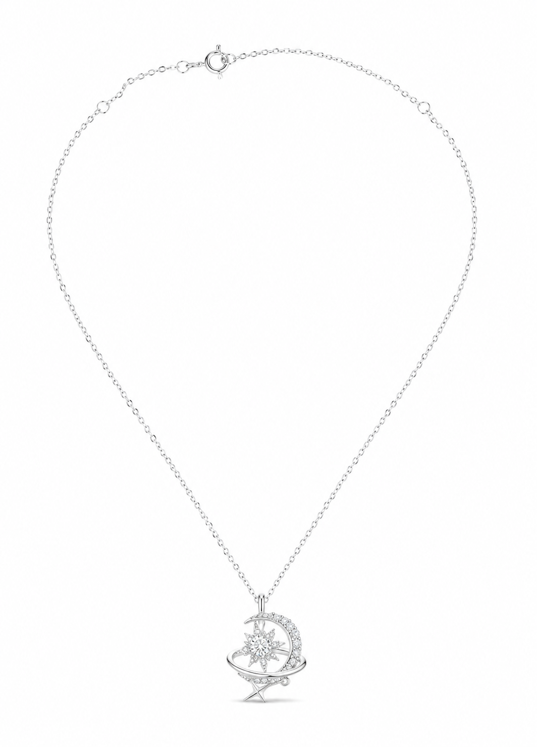 ORELVA Lunar Bloom sterling silver celestial necklace with moon, star, and orbit-inspired pendant on a white background.