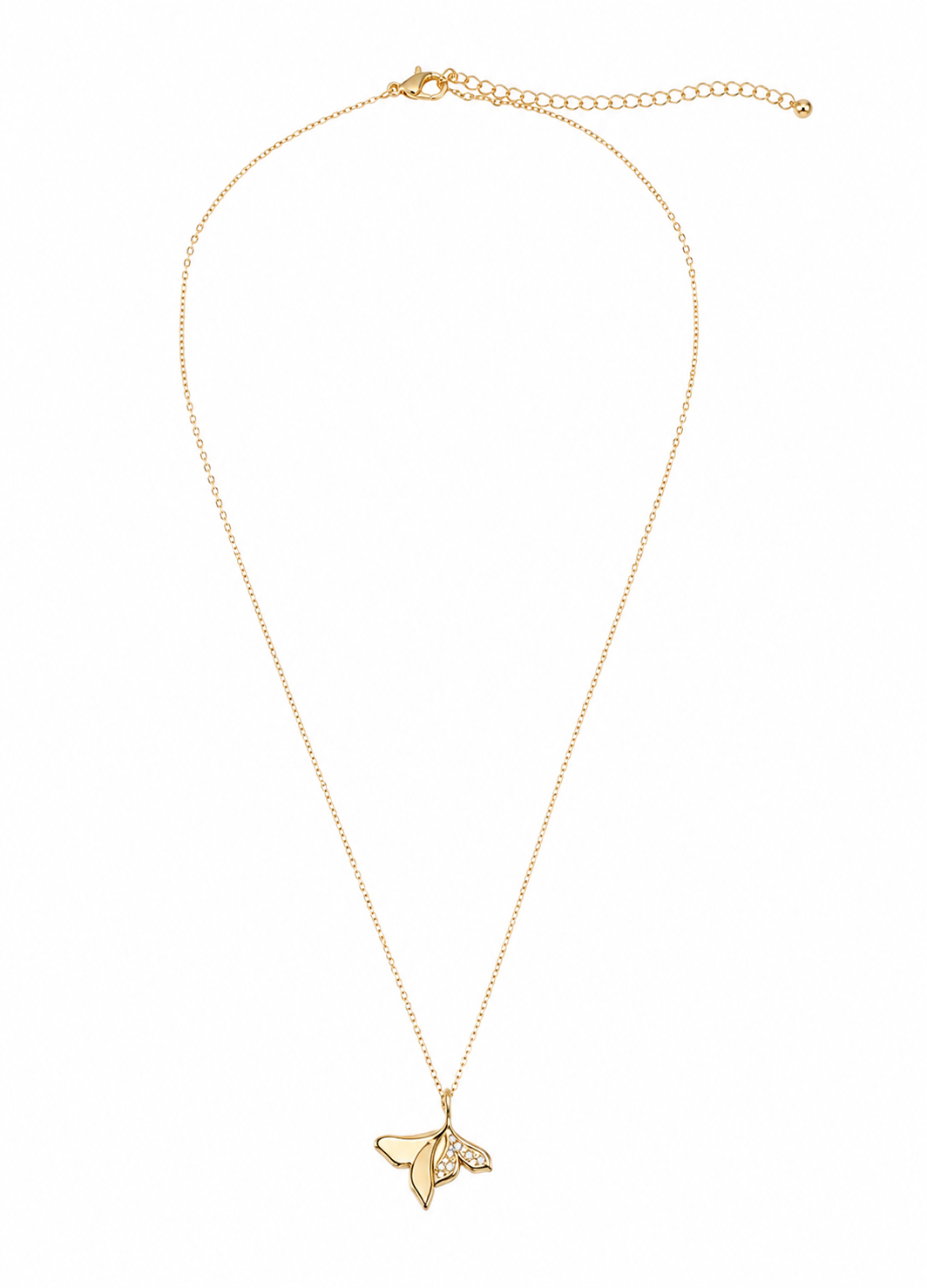 Minimalist Orelva butterfly gold necklace with shimmering cubic zirconia pendant displayed on a model.
