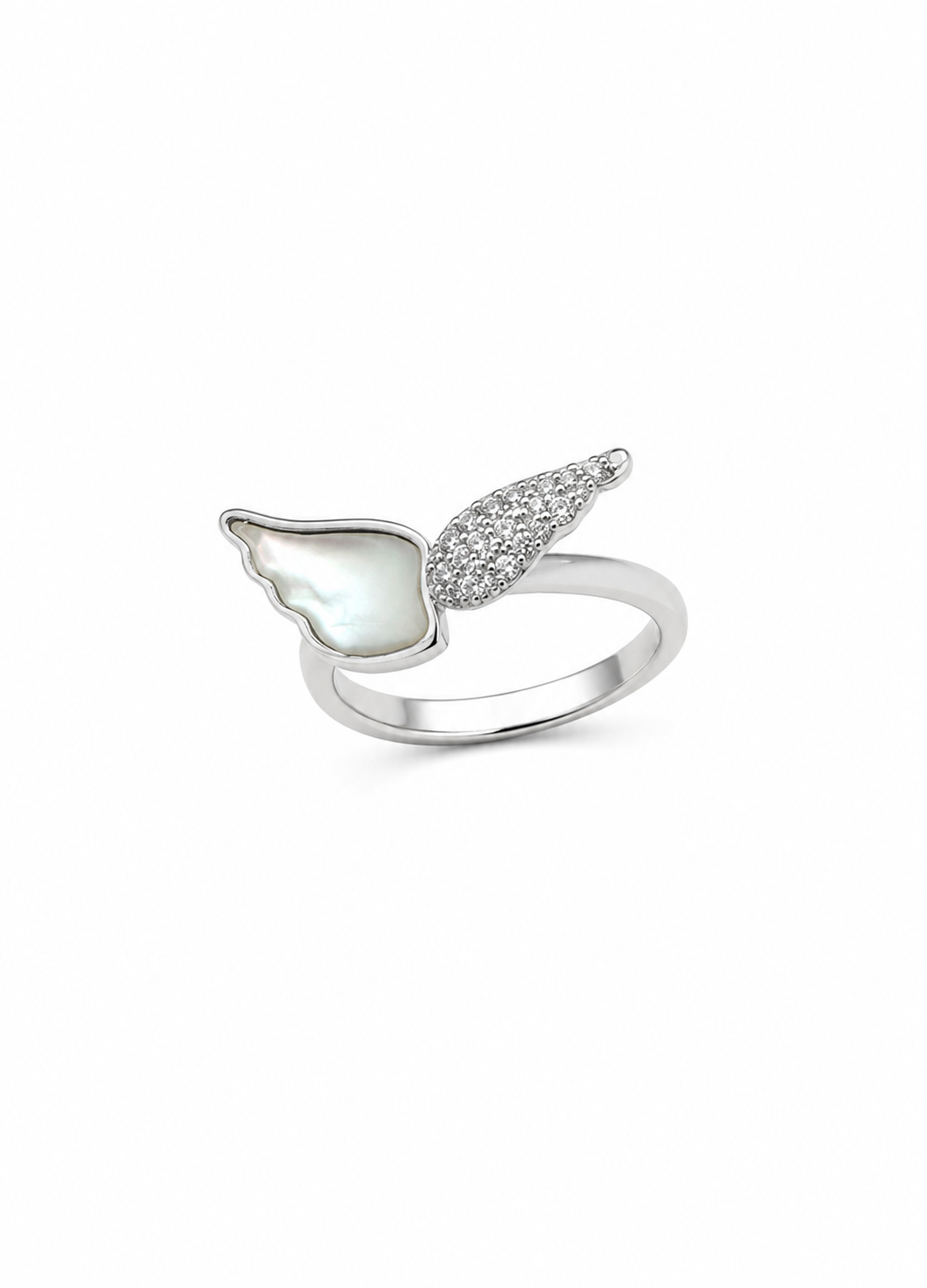 Front view of Orelva silver butterfly ring with mother of pearl and crystal stones