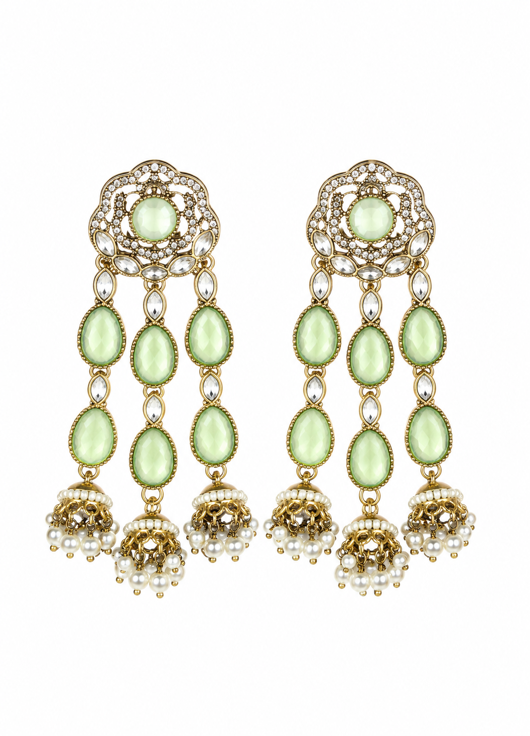 Front view of ORELVA Nooré mint green Polki jhumka earrings with pearl jhumka detailing.