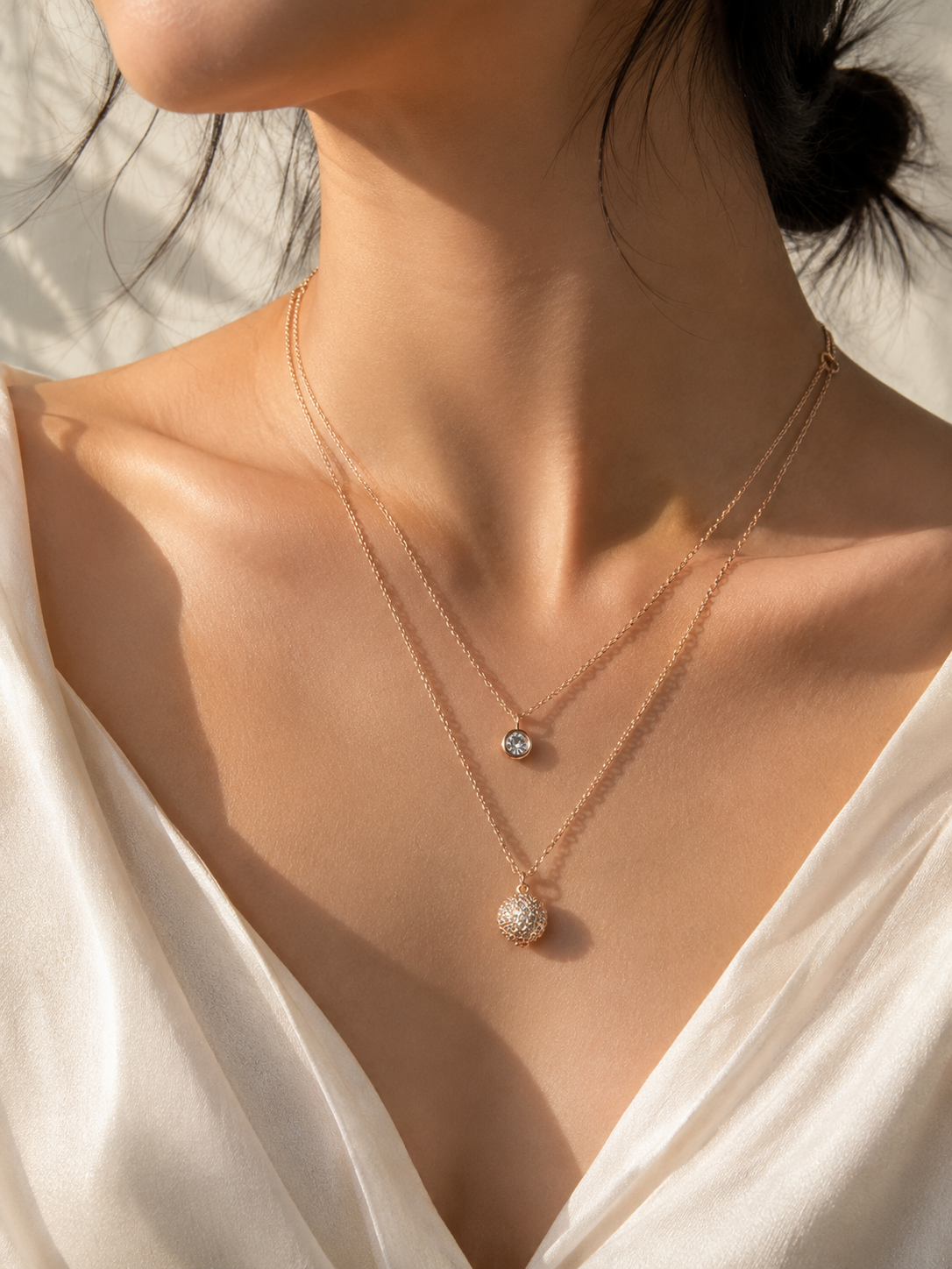 ORELVA Sparkle Disc Double Layer Rose Gold Necklace with crystal pendant for women