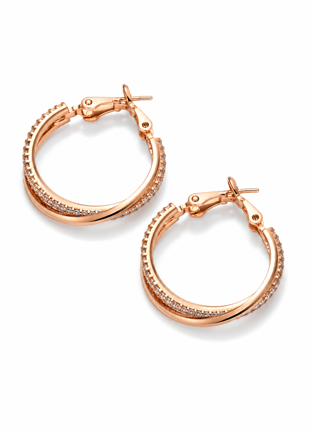 Close-up view of ORELVA rose gold zircon hoop earrings featuring a secure hinged clasp and polished finish.