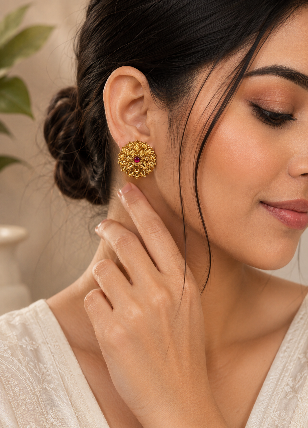 Woman wearing Orelva Royal Lotus Ruby antique gold floral stud earrings with intricate ethnic detailing.