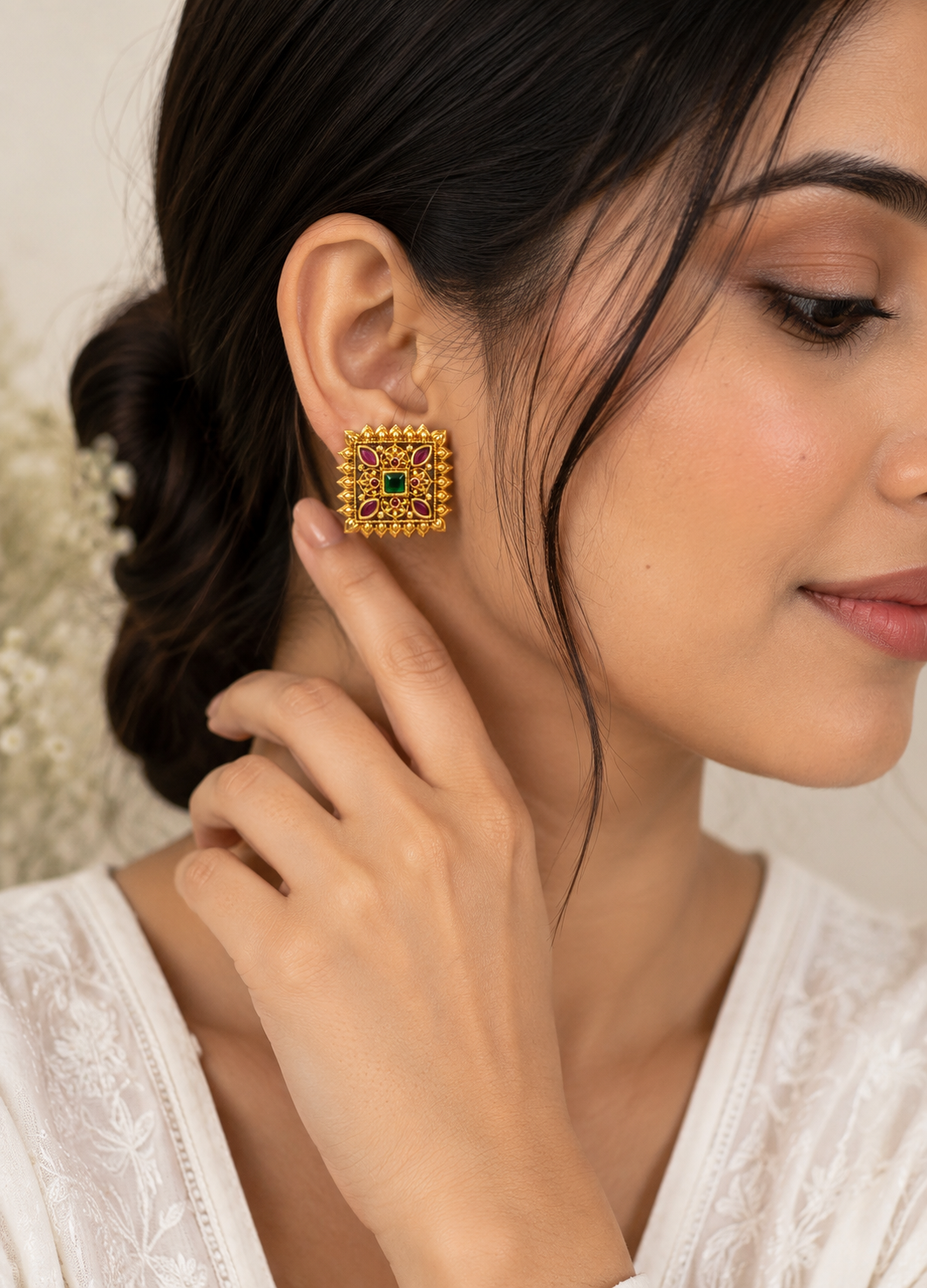 Royal Heritage Temple Square Stud Earrings with antique gold finish and emerald ruby stones for women.