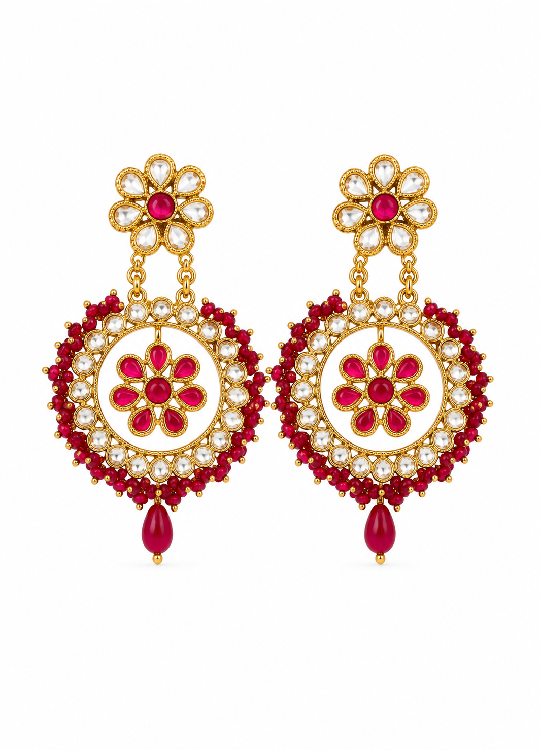 Front view of Ruhani ruby floral Kundan Chandbali earrings with gold plating on a white background.