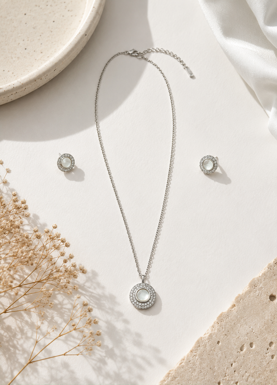 orelva-luna-pearl-halo-pendant-necklace-set-flatlay