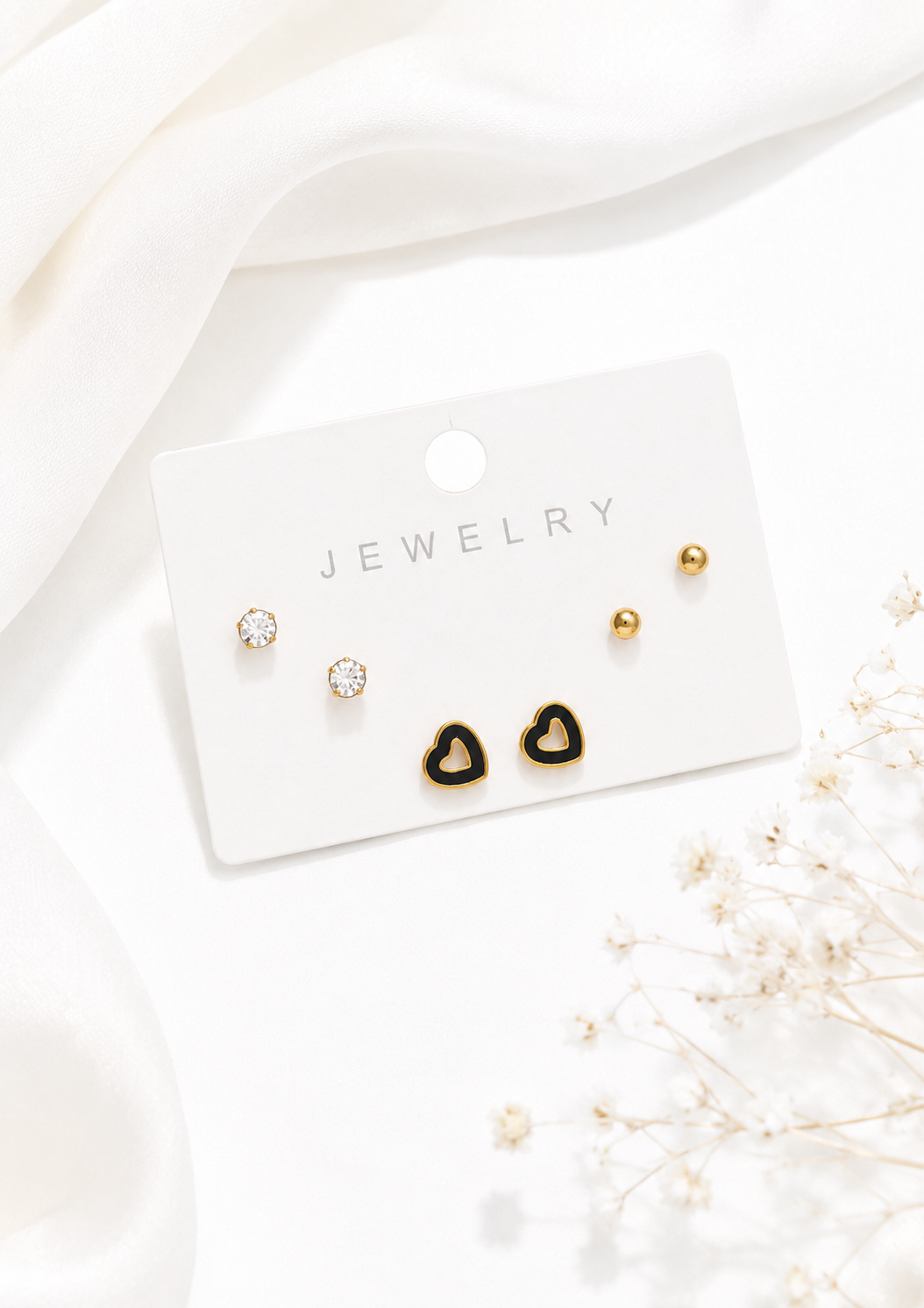 Orelva Korean Style Black Heart & Solitaire American Diamond Earring Stack