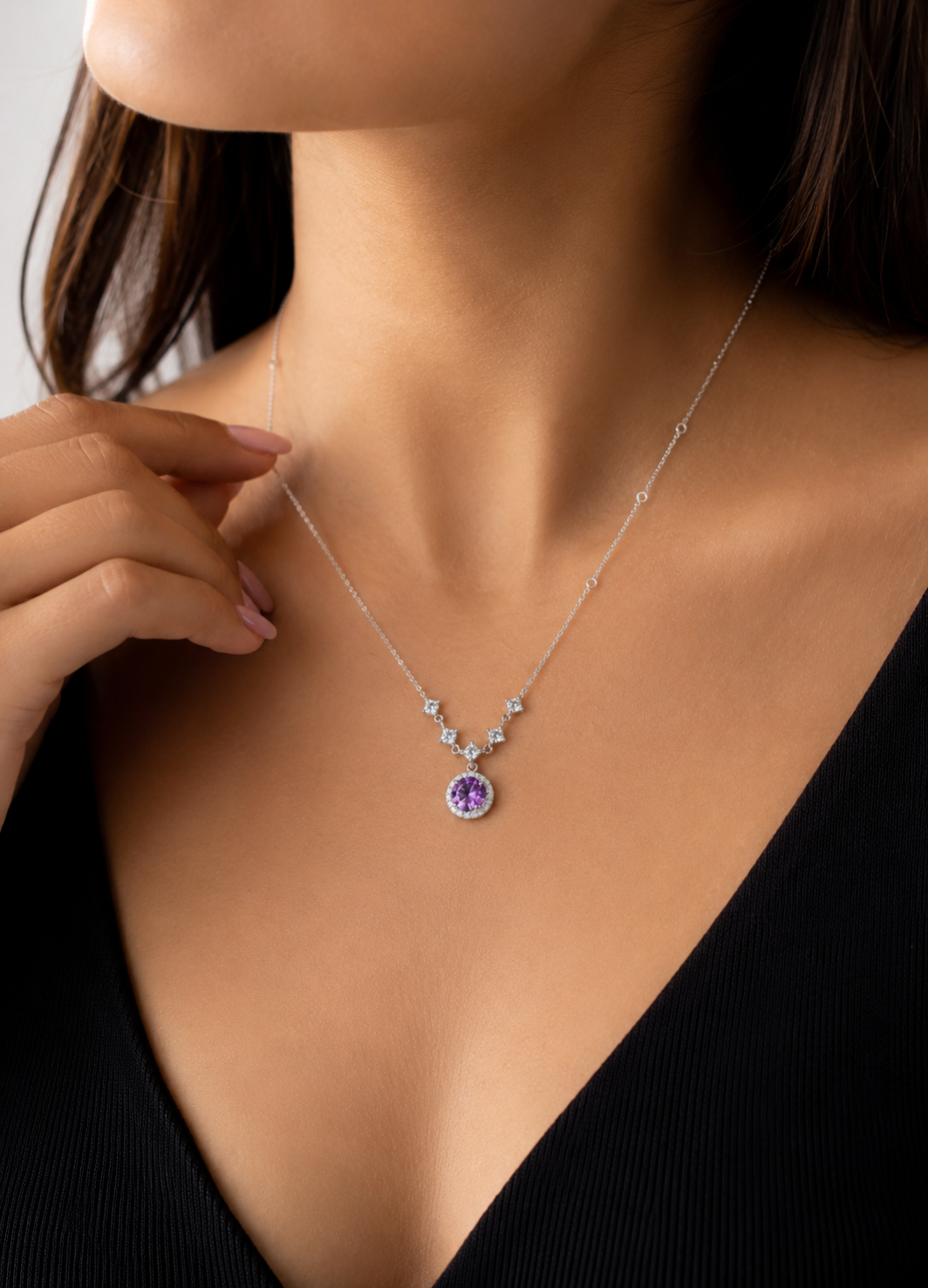 ORELVA 925 Sterling Silver amethyst halo pendant necklace with purple crystal and zircon accents
