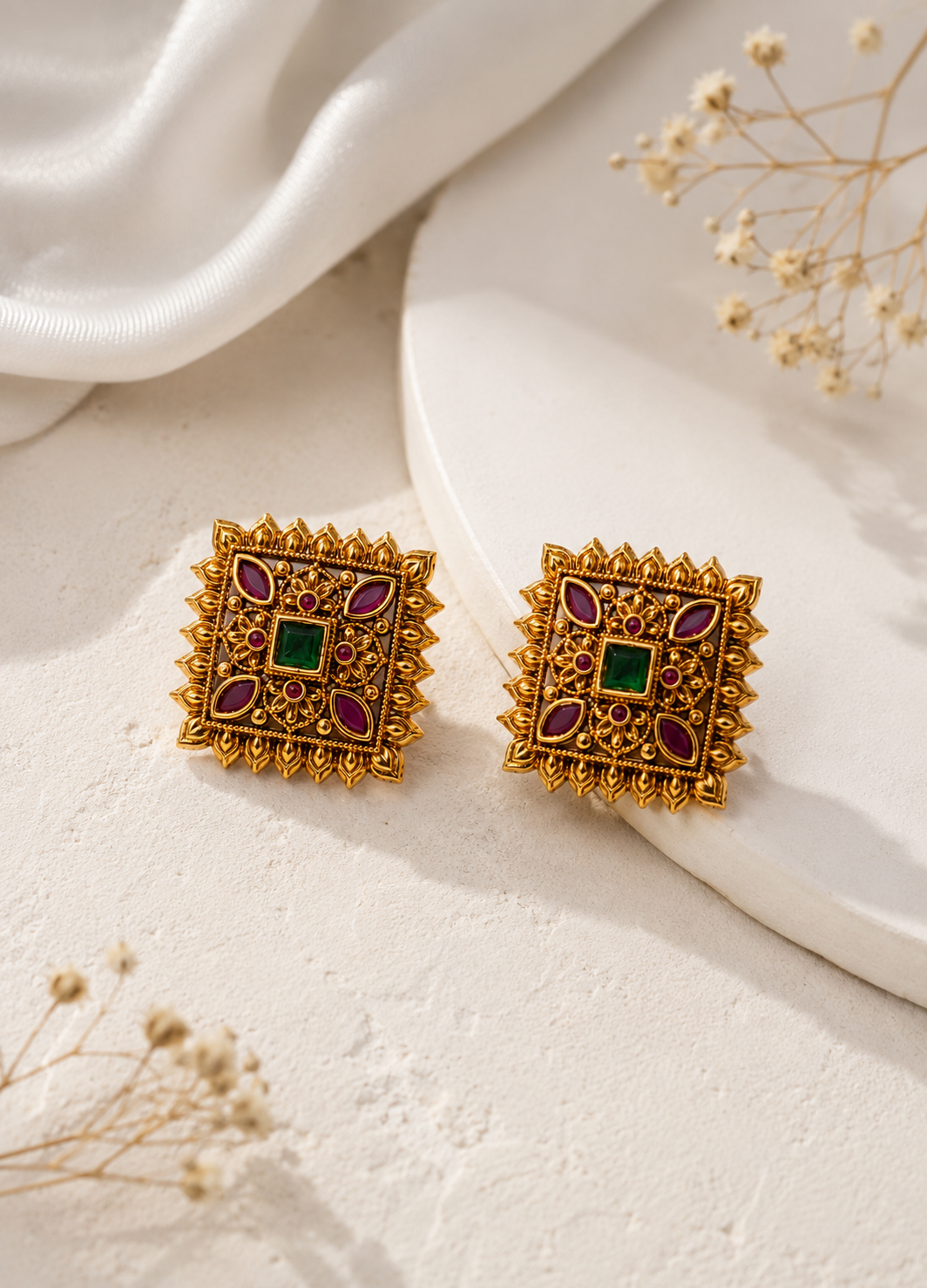 Close-up of traditional antique gold temple stud earrings featuring emerald green and ruby stones.