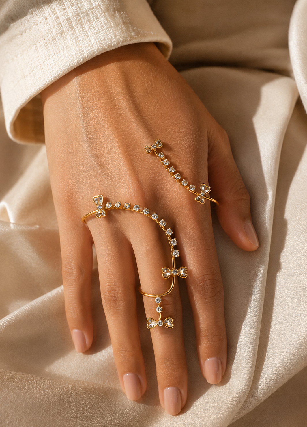 Woman wearing Aurielle gold bow crystal hand harness bracelet ring with sparkling cubic zirconia accents.