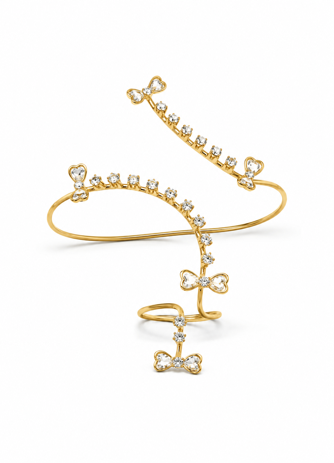 Gold adjustable bow crystal hand harness bracelet ring isolated on white background for Shopify listing.