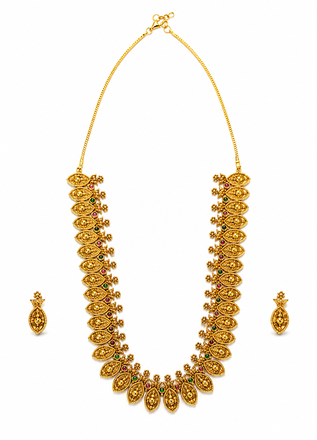 Ethnic gold-tone leaf necklace and earrings set for weddings and festive occasions.