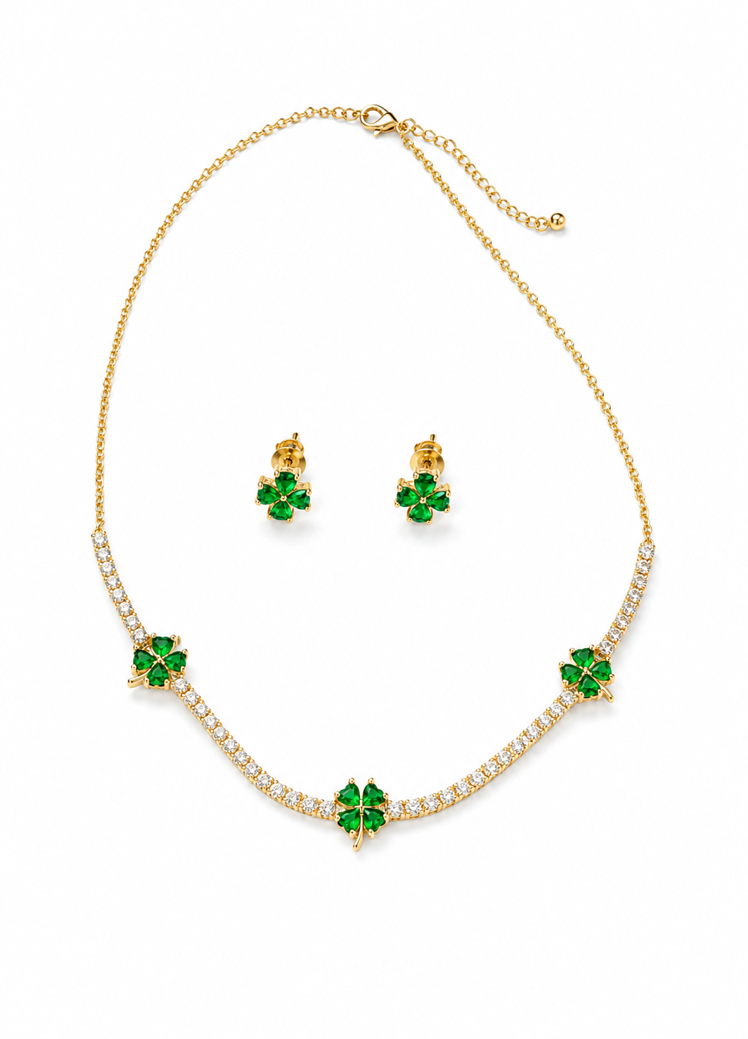 Elegant gold-tone necklace and earrings featuring green clover crystals and white stone accents.