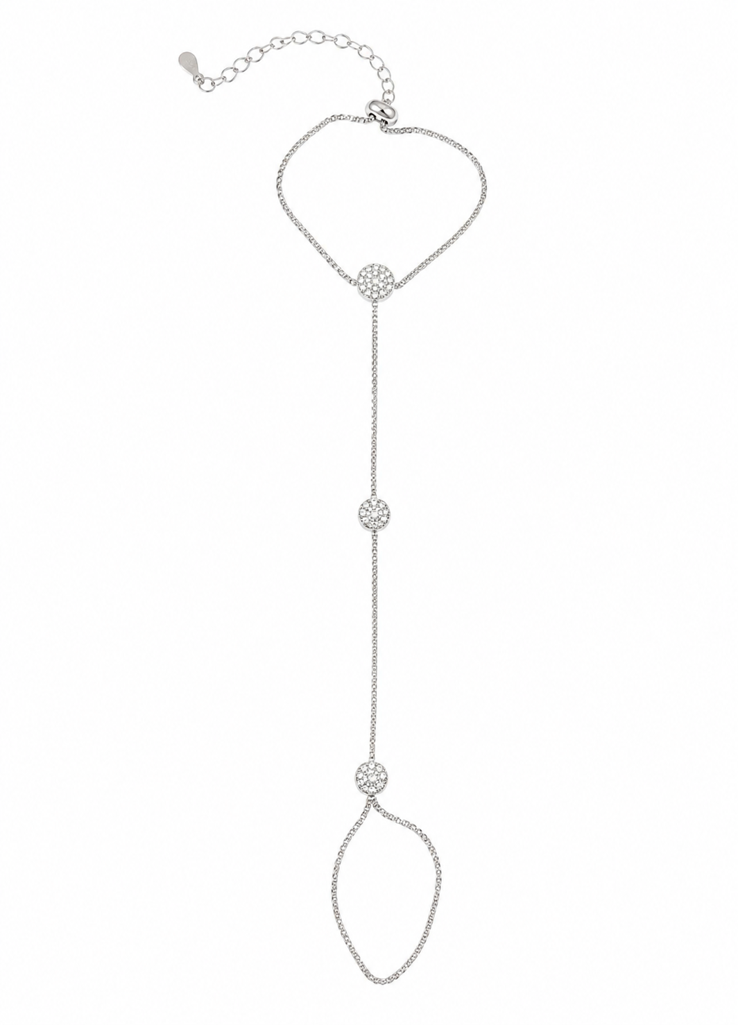 Silver adjustable crystal hand harness bracelet isolated on white background for Shopify product listing.