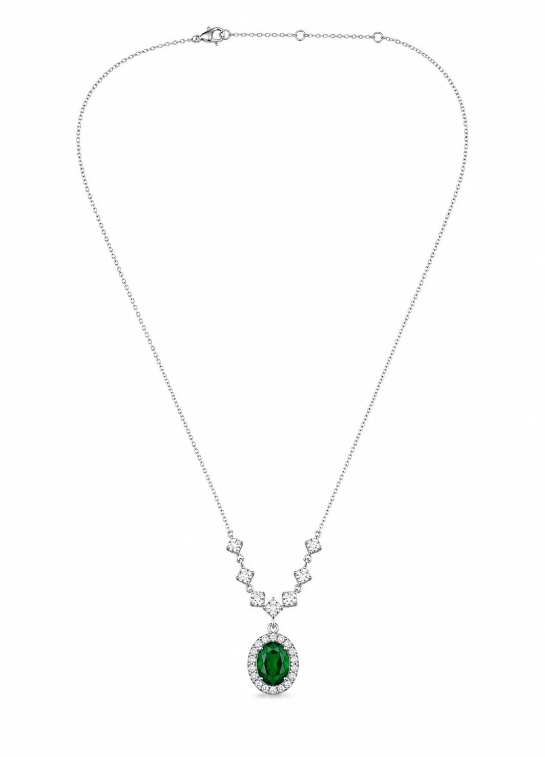 Premium 925 sterling silver emerald halo pendant necklace for women with adjustable chain and brilliant sparkle.