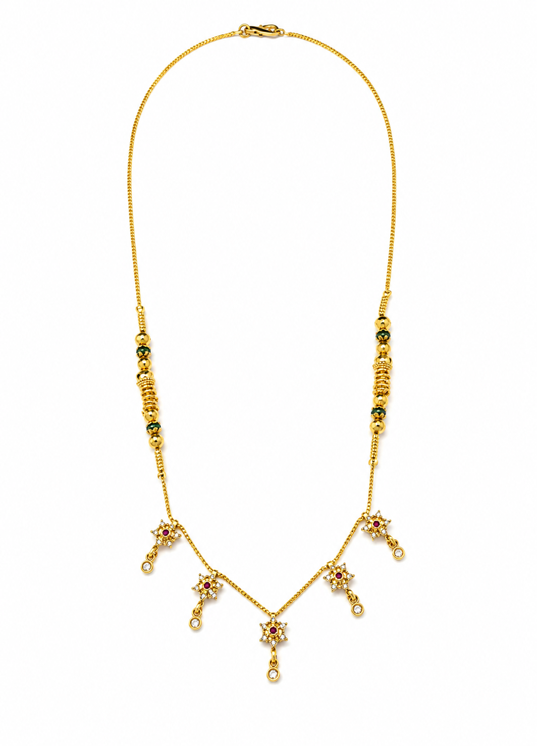 ORELVA Aarohi floral mangalsutra necklace with crystal and ruby-inspired floral charms on a clean white background.