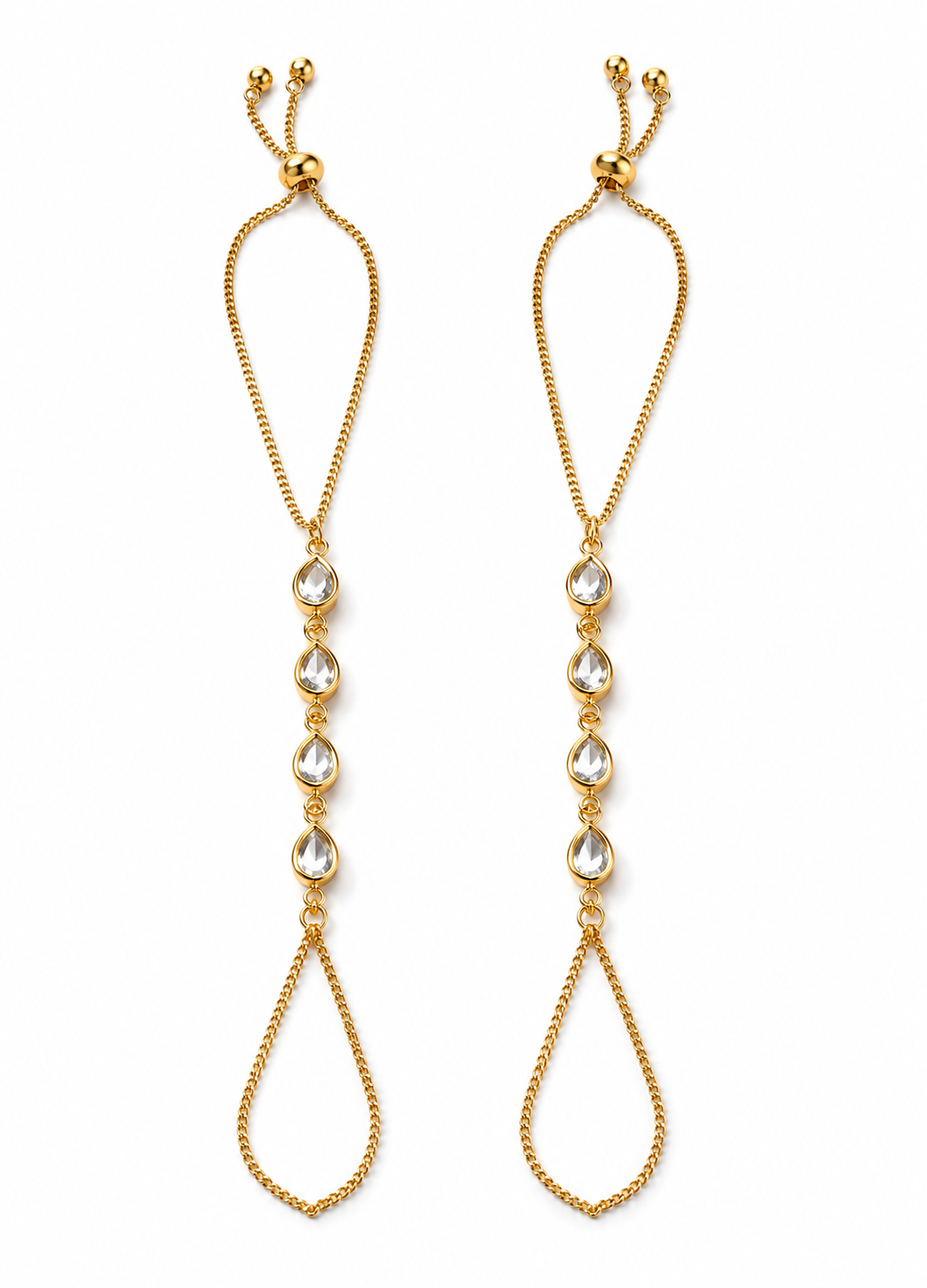 Front view of the Orelva adjustable gold hand harness bracelet featuring teardrop crystal detailing and finger loop.