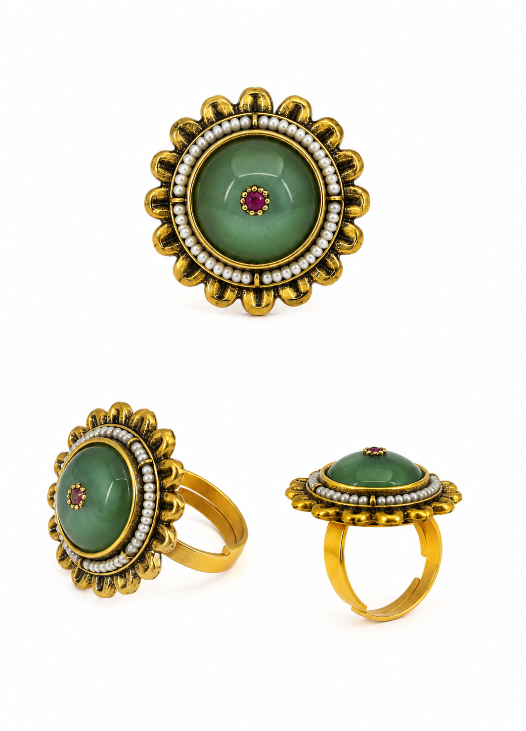 Multiple views of the Orelva vintage green pearl statement ring with adjustable band and antique gold detailing.