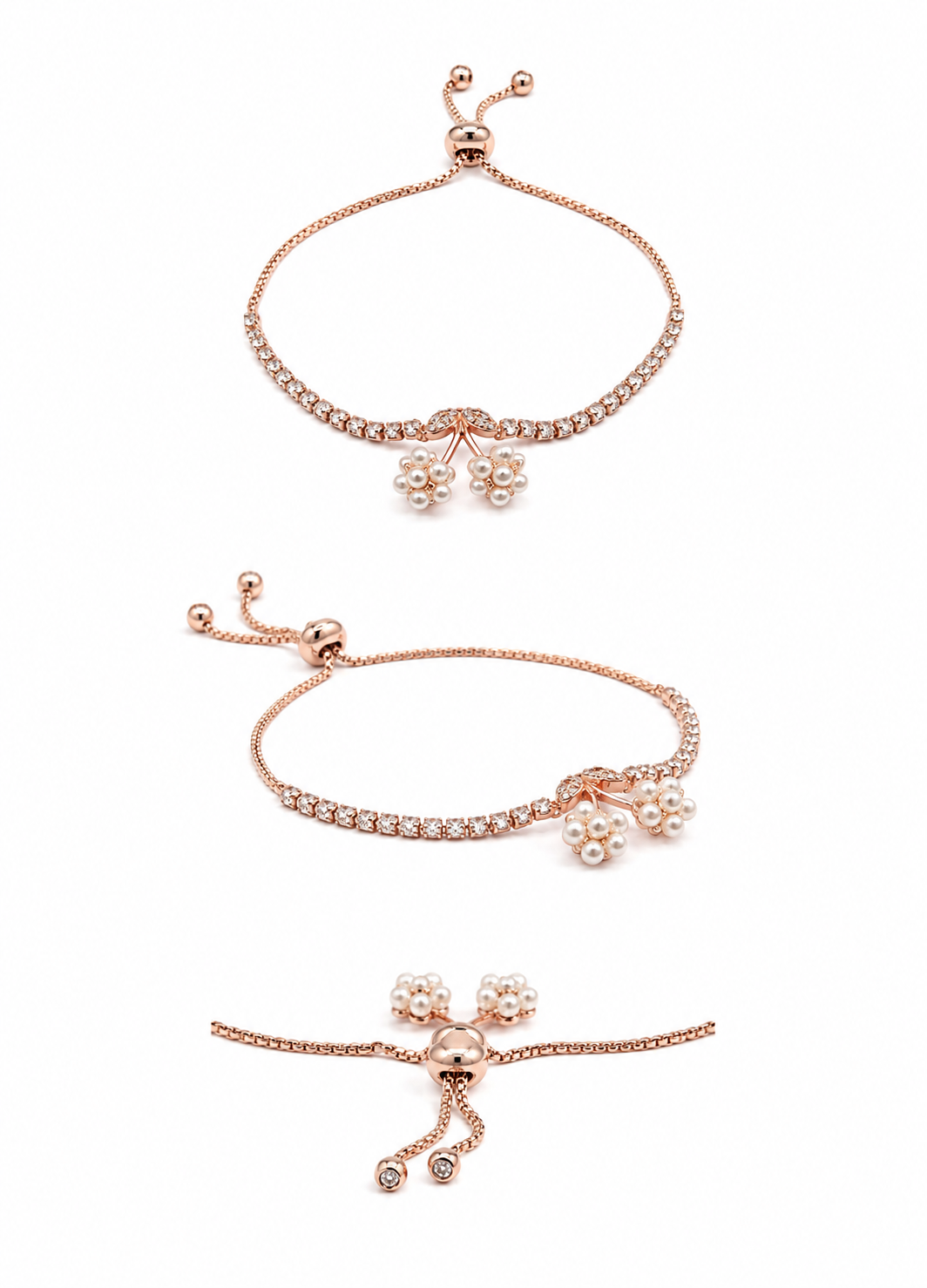 Close-up view of Orelva adjustable pearl blossom bracelet with sparkling crystal chain