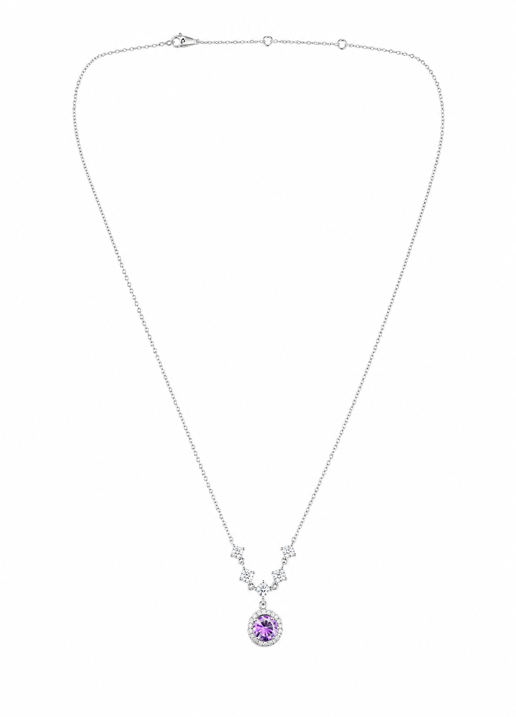 Elegant 925 sterling silver amethyst halo pendant necklace on a neutral background