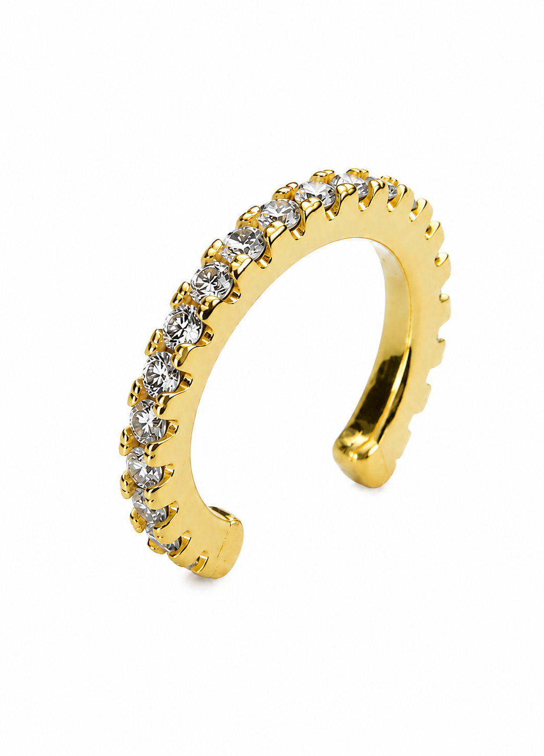 Front view of Orelva Aurora gold plated cubic zirconia ear cuff for women.