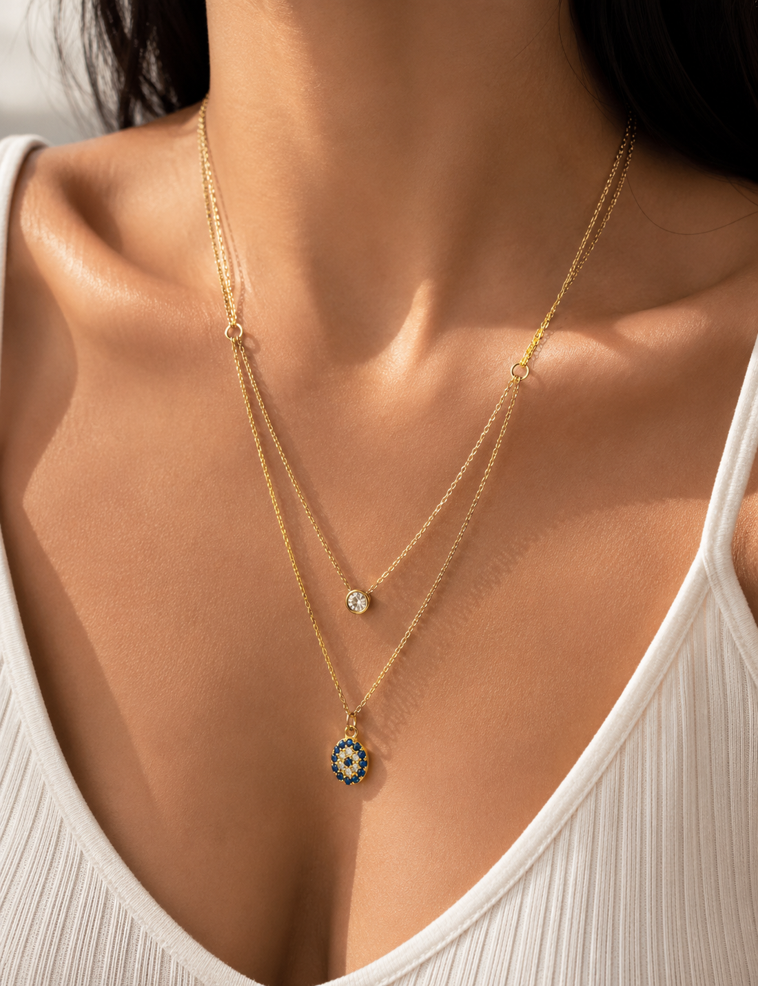 ORELVA gold-tone double layer evil eye pendant necklace for women.