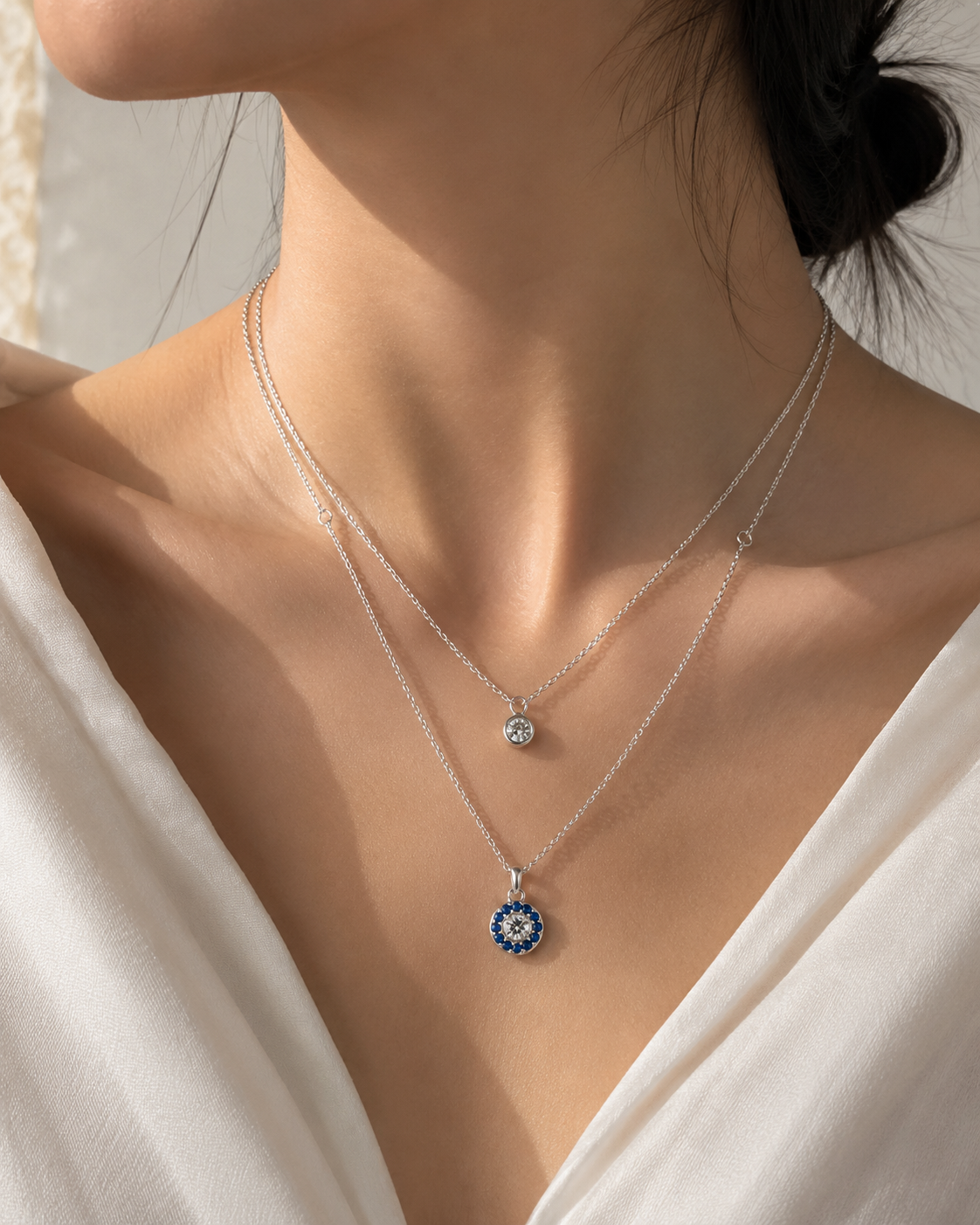 ORELVA Blue Evil Eye Double Layer Silver Tone Necklace for women with crystal pendant
